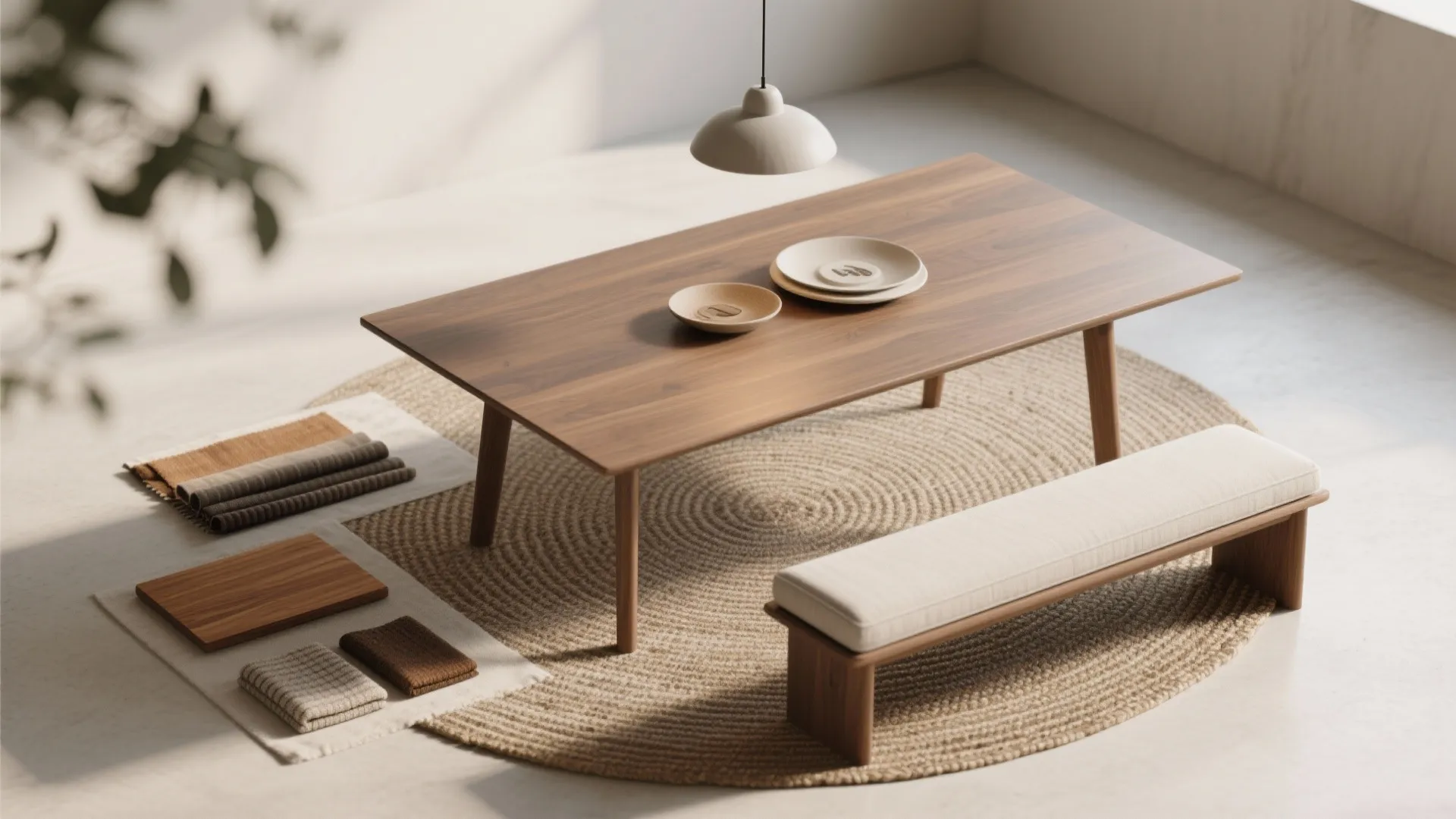 Wooden dining table with bench round rug ceiling light and fabric material samples on floor
