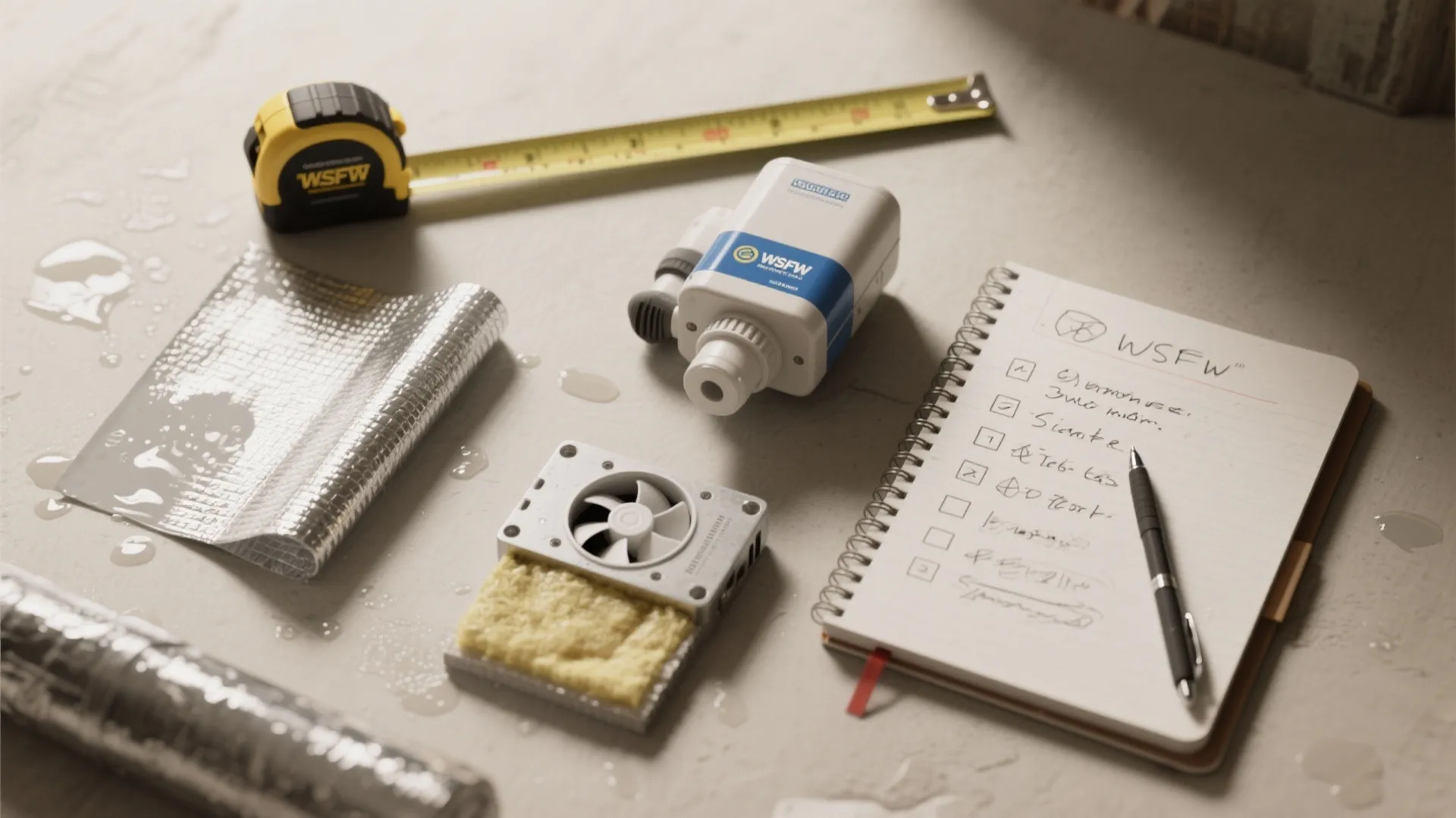Flatlay of crawl-space planning items: tape measure, vapor barrier sample, condensate pump, insulation swatch, and checklist.