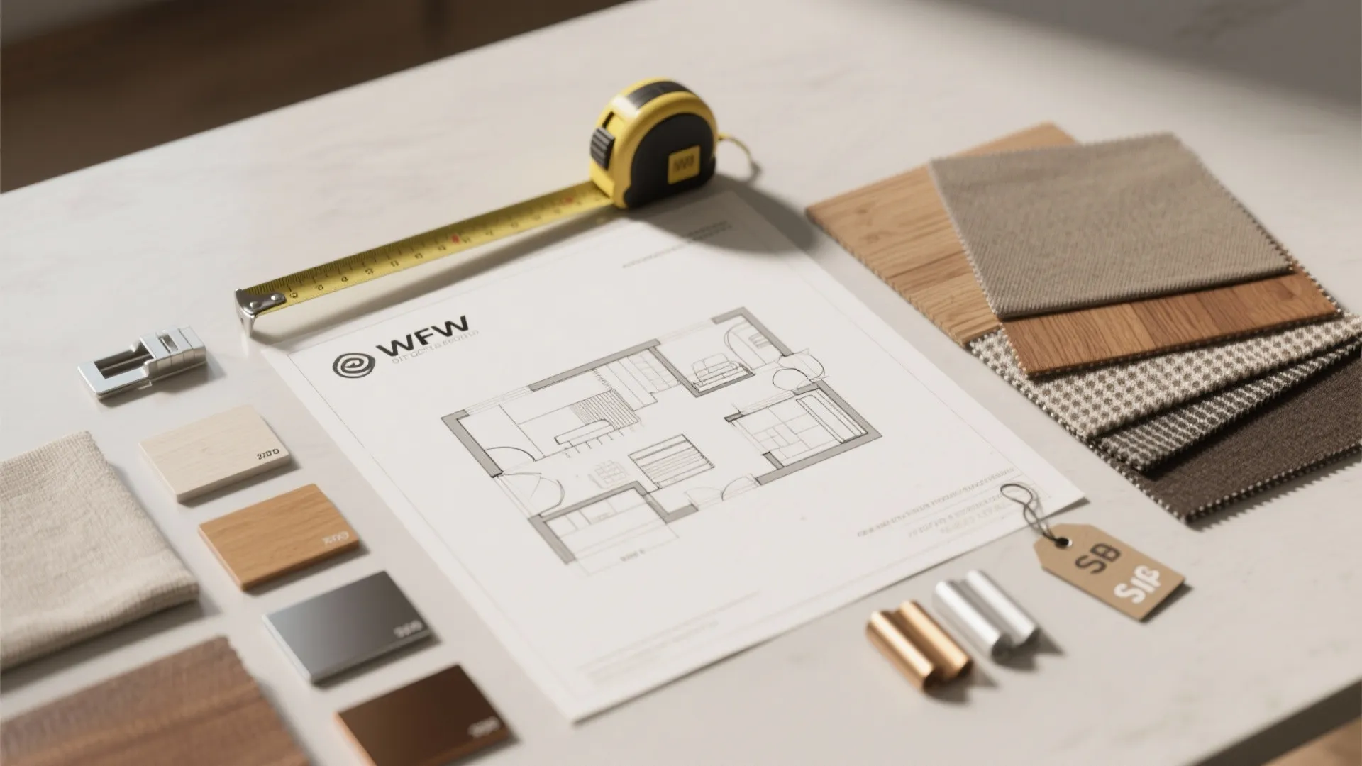 Top-down flatlay of measuring tape, floorplan sketch, material swatches, color chips, and price tags for small-space planning.