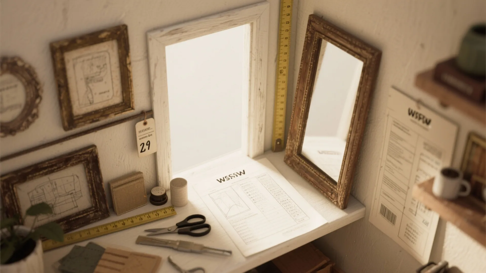Workstation with mirror frames scissors ruler and paper documents on white shelf for home design planning