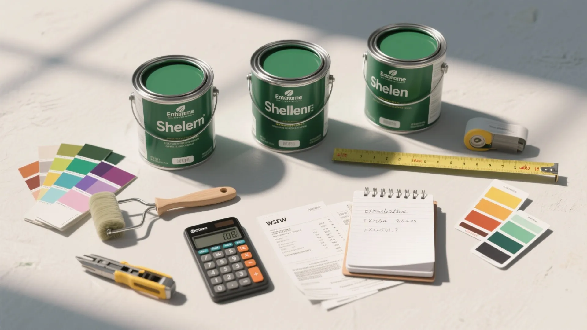 Green paint cans with color swatches plus a calculator and measuring tape for home renovation