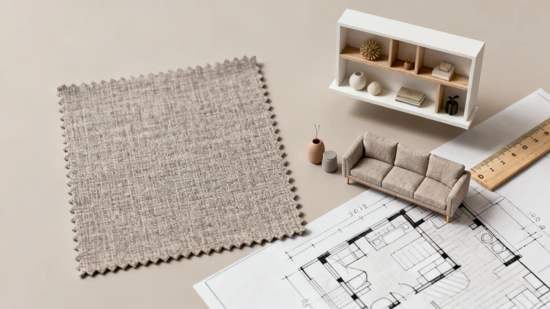 Flatlay showing sofa fabric swatch, small accents, and a floor plan sketch for small-space planning.