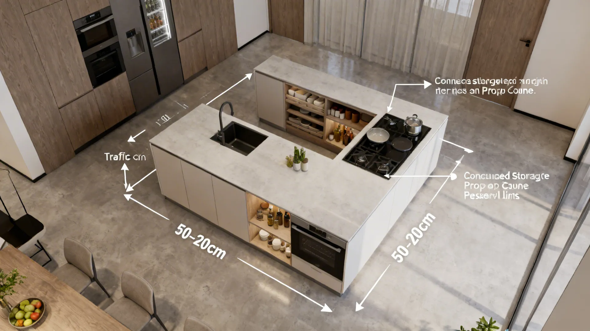 Top-down diagram showing recommended 90–120cm circulation aisles around an island and storage callouts.