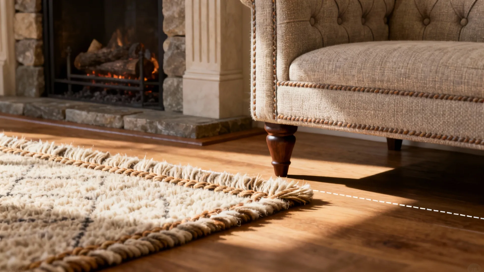 Beige chair next to a burning fireplace with textured rug on light brown wood floor