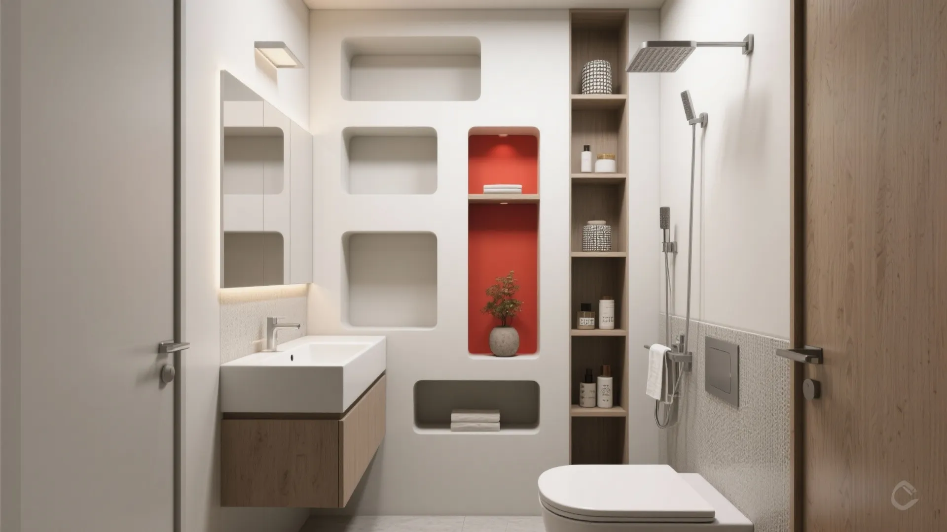 Compact bathroom layout with floating vanity, recessed niche and vertical shelving optimized for small spaces.