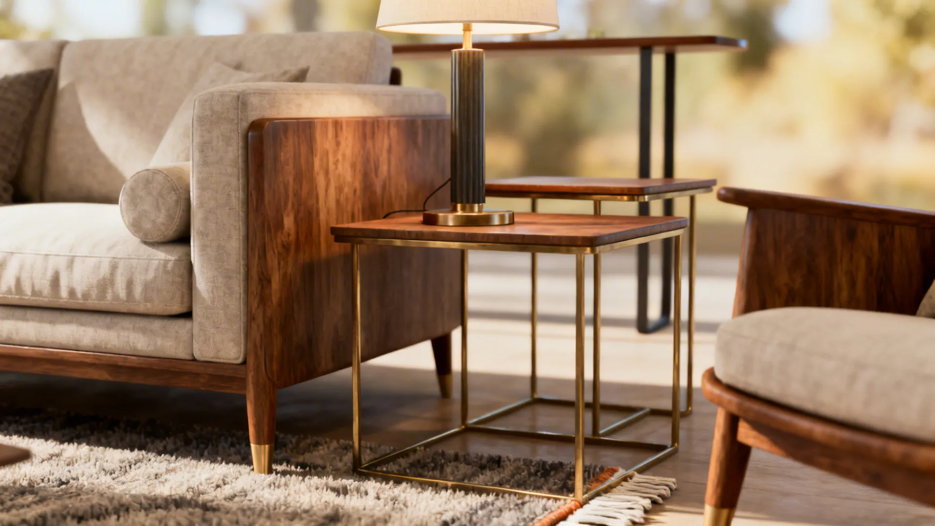 Wooden side table with table lamp placed next to a beige sofa and a chair