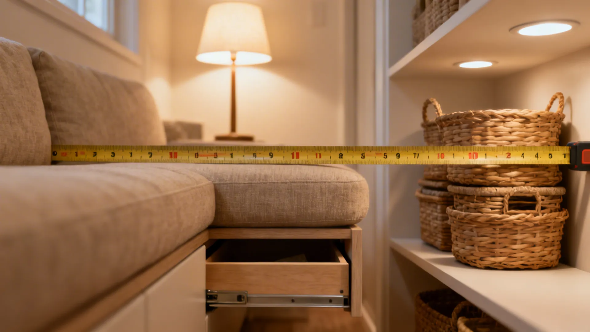 Detail shot of measuring tape, hidden storage drawer and layered lighting used for small living room planning.