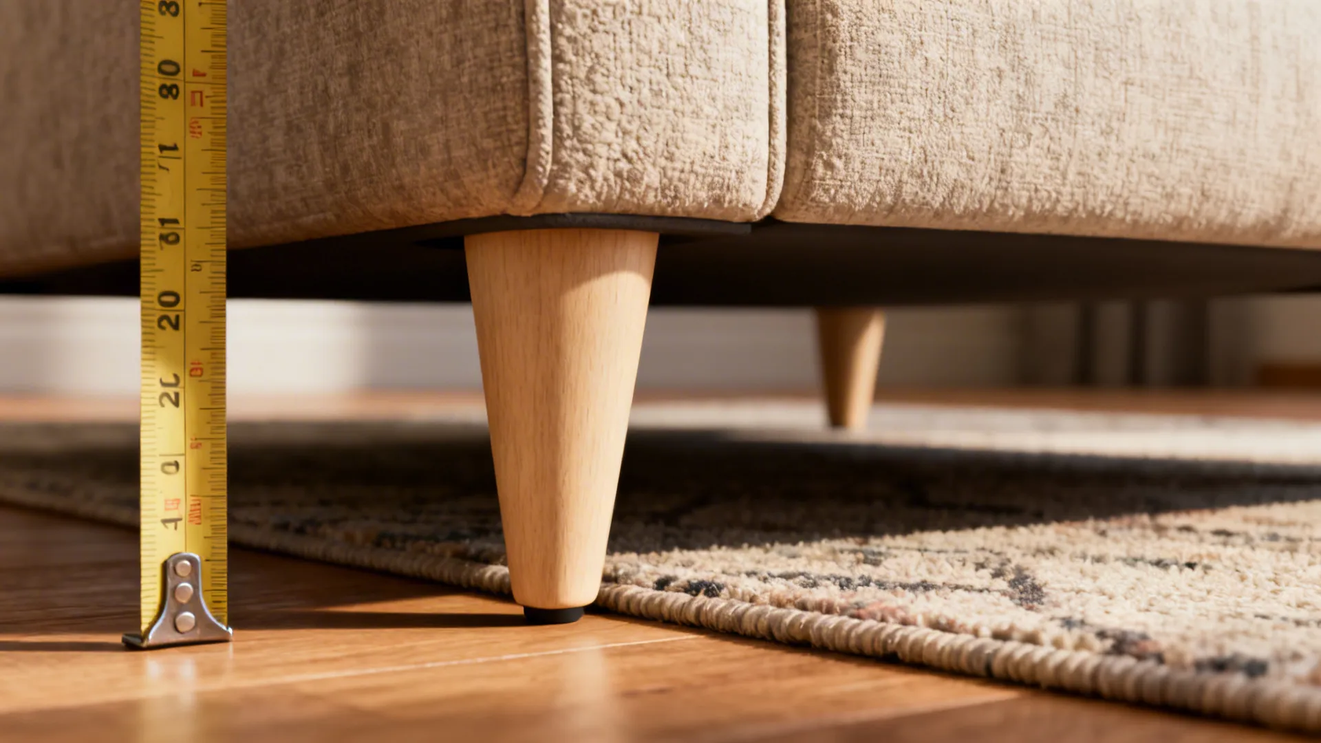 Macro detail of recliner leg, measuring tape and rug edge showing clearance and texture