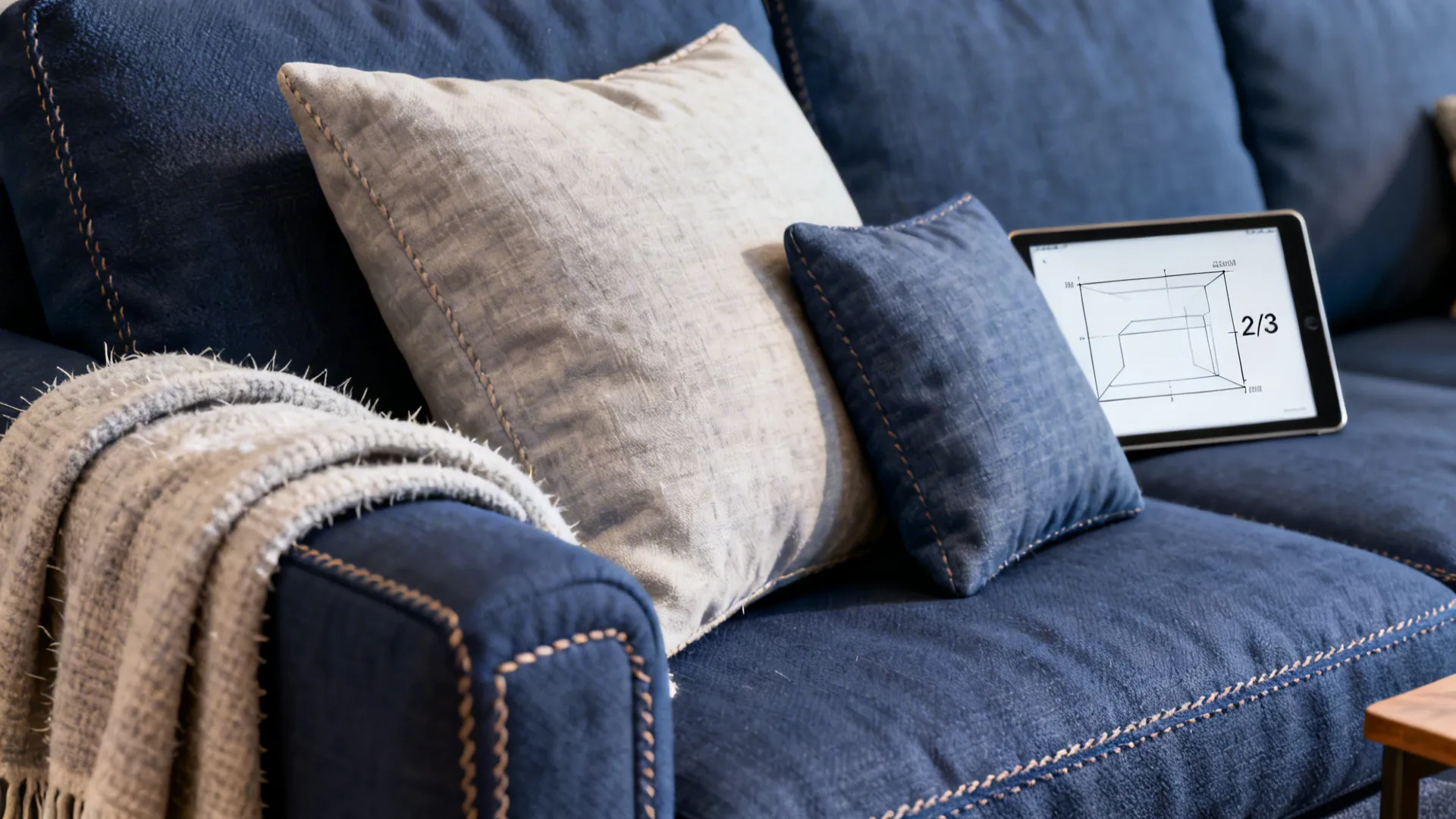 Close-up of navy sofa slipcover, layered pillows and a tablet showing scale tips.