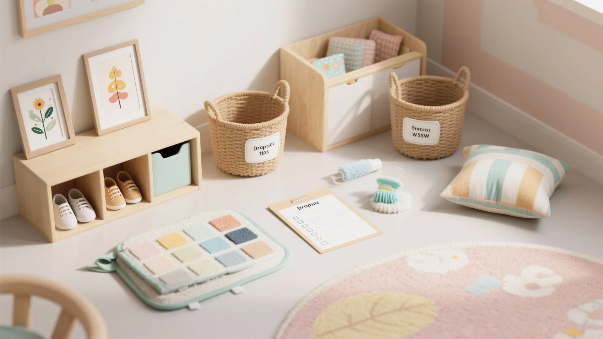Kids storage area with wooden shoe rack woven baskets checklist and round pink rug ground