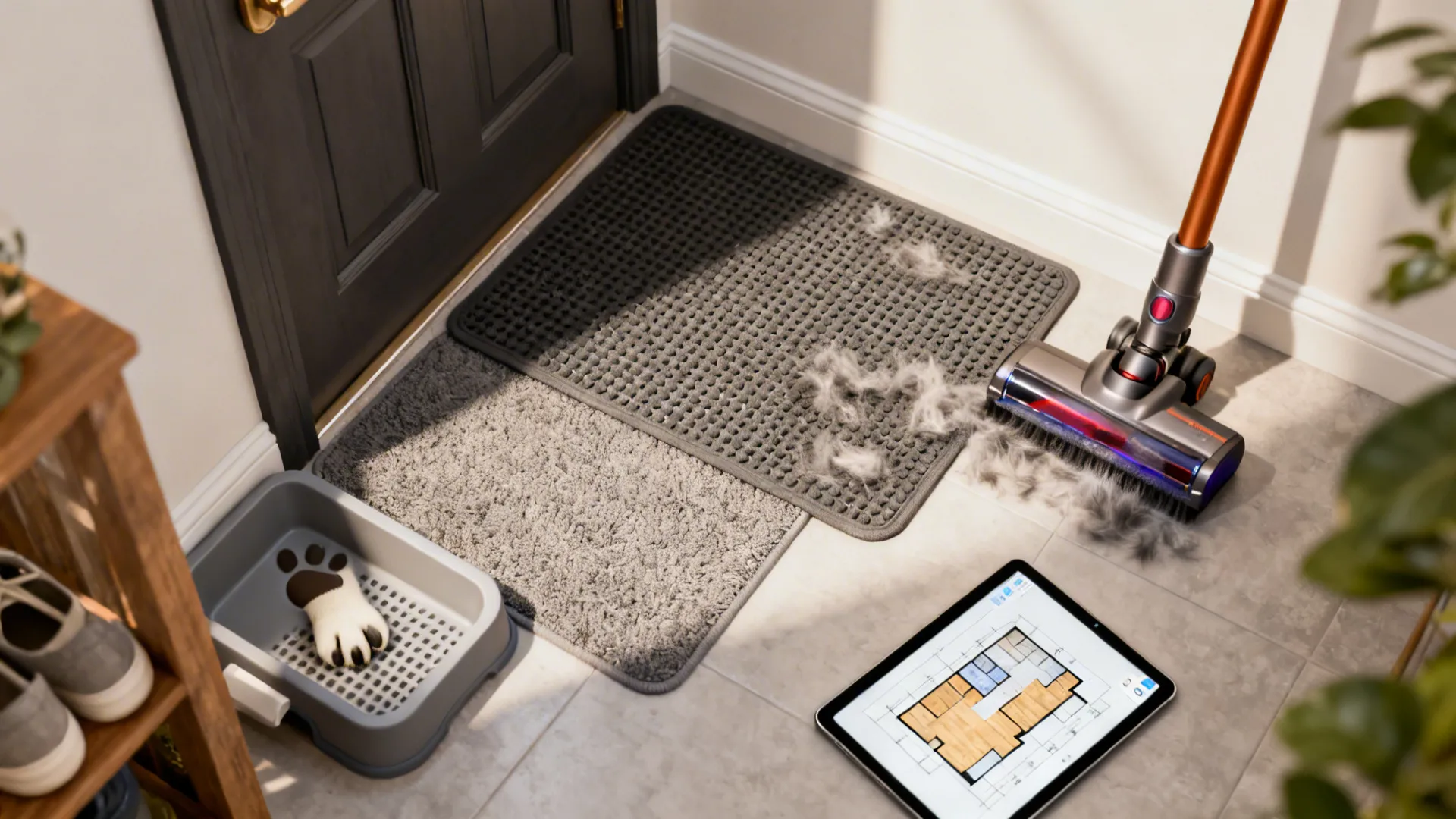 Top-down view of entry area with non-slip pad, vacuum, paw-wash mat and a tablet showing a floor planner.