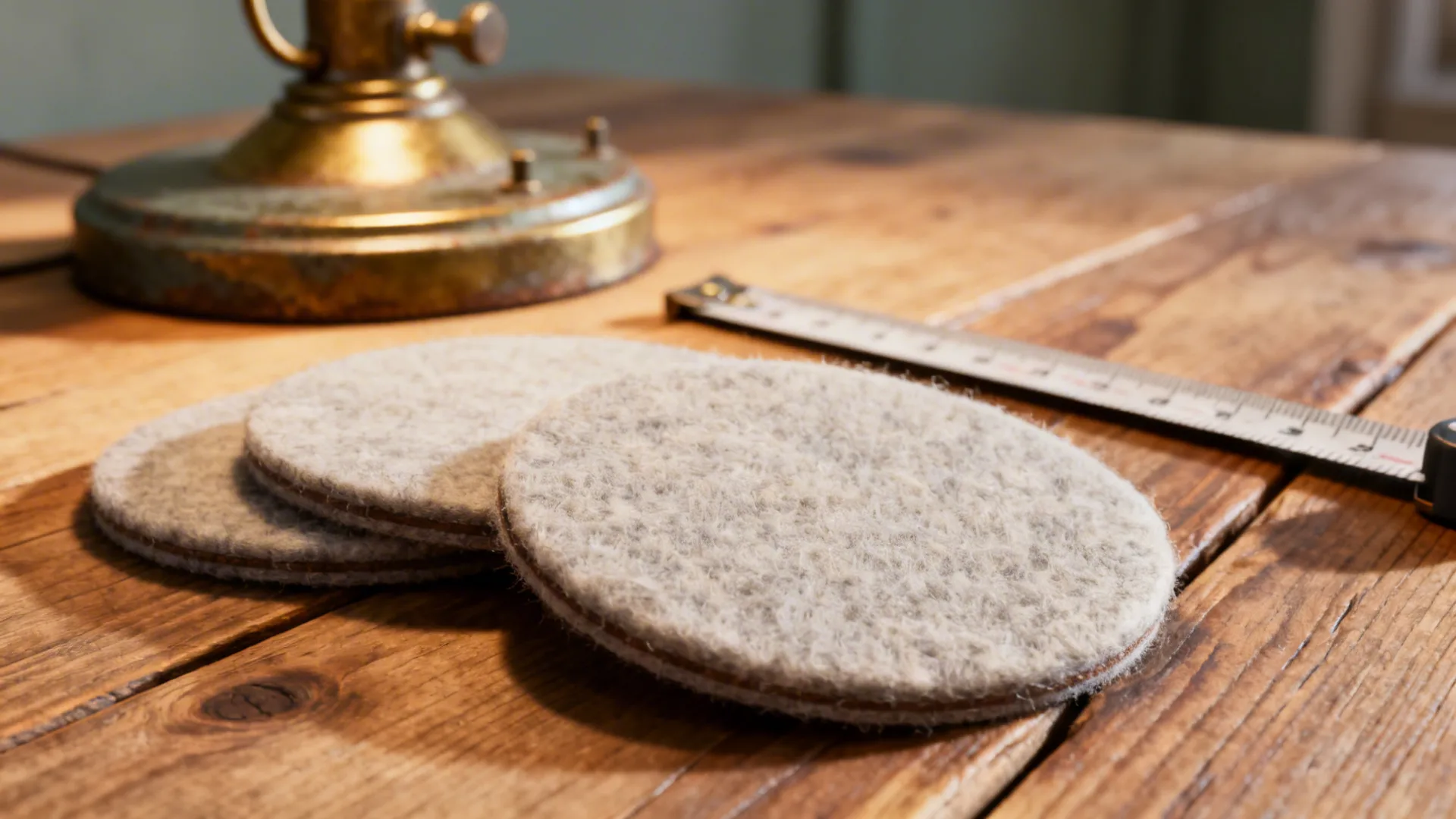 Close-up of felt pads, a measuring tape and a vintage lamp on a wooden table illustrating protection and sizing tips.