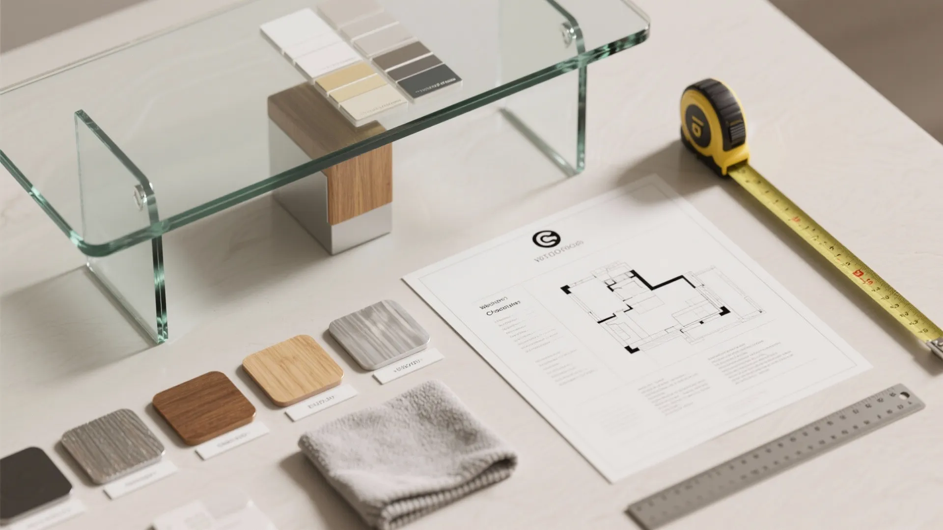 Interior design materials including floor plan wood samples tape measure ruler and a glass shelf