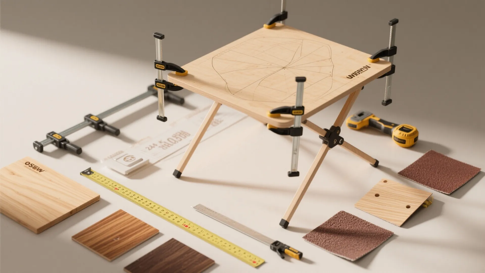 Wooden table under construction with clamps drill measuring tape wood panels and sandpaper on white surface