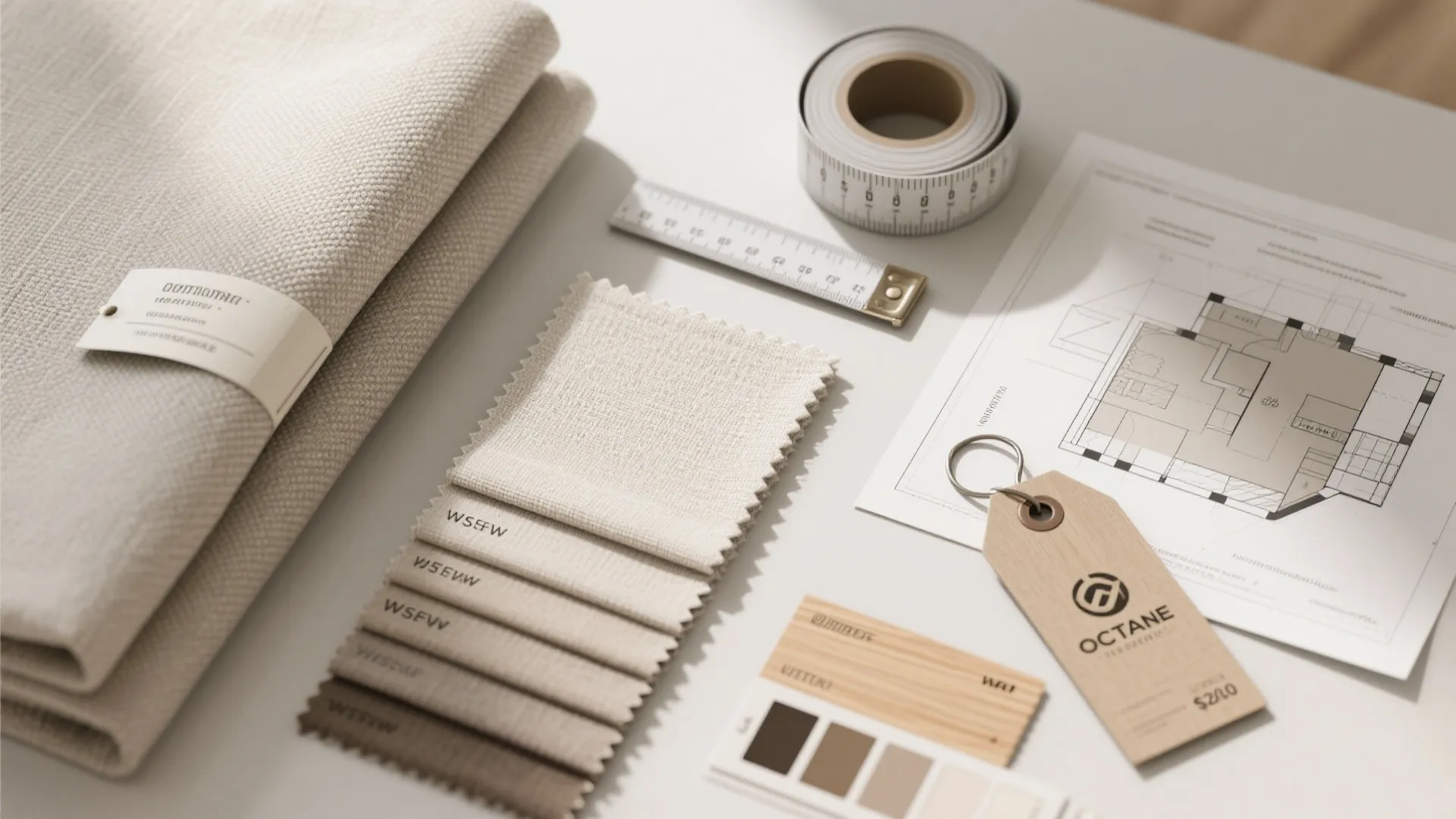 Flatlay of fabric swatches, measuring tape and floorplan samples for budget and material planning
