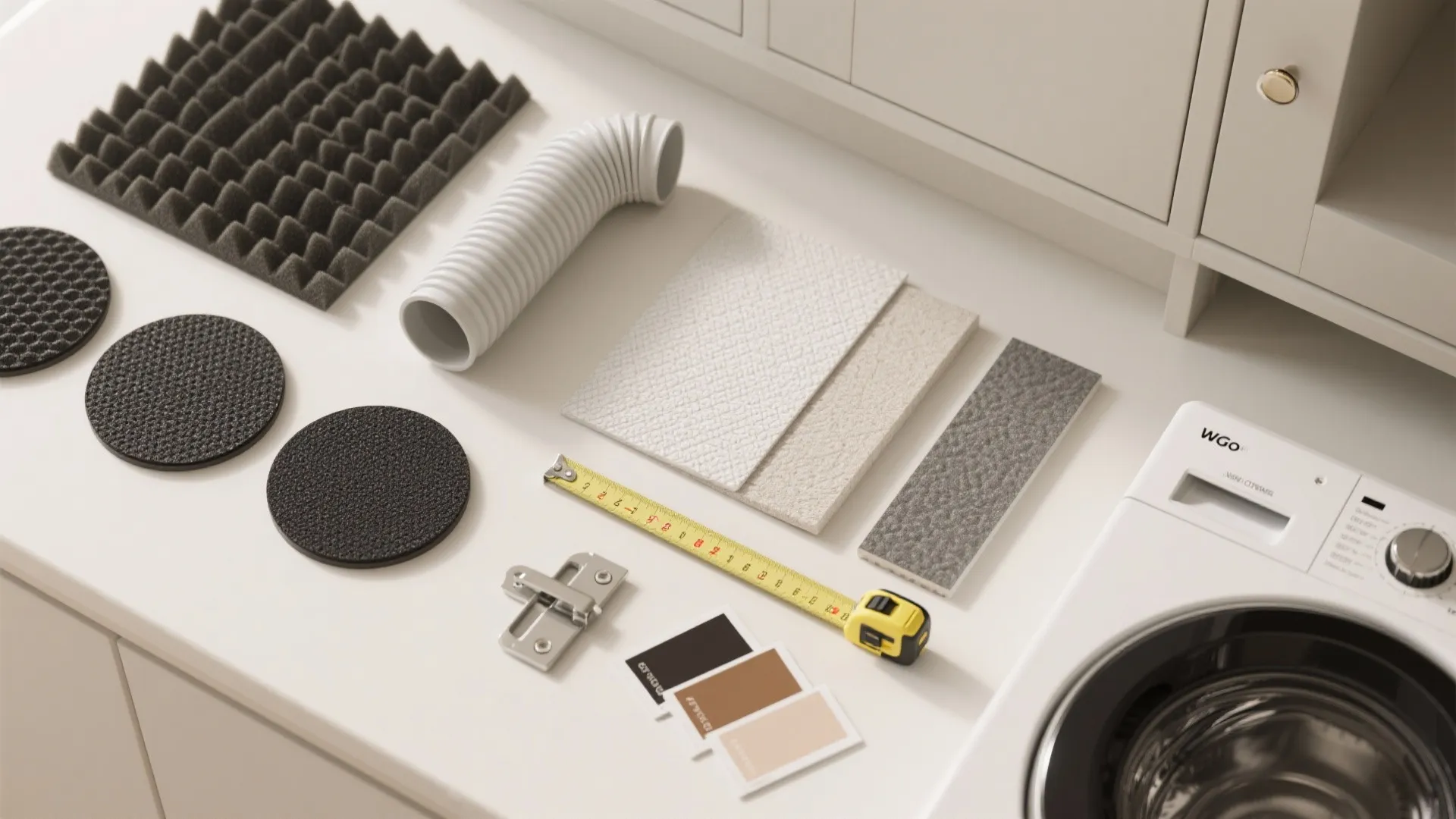 Flat lay of home renovation materials including measuring tape tiles color samples and washing machine