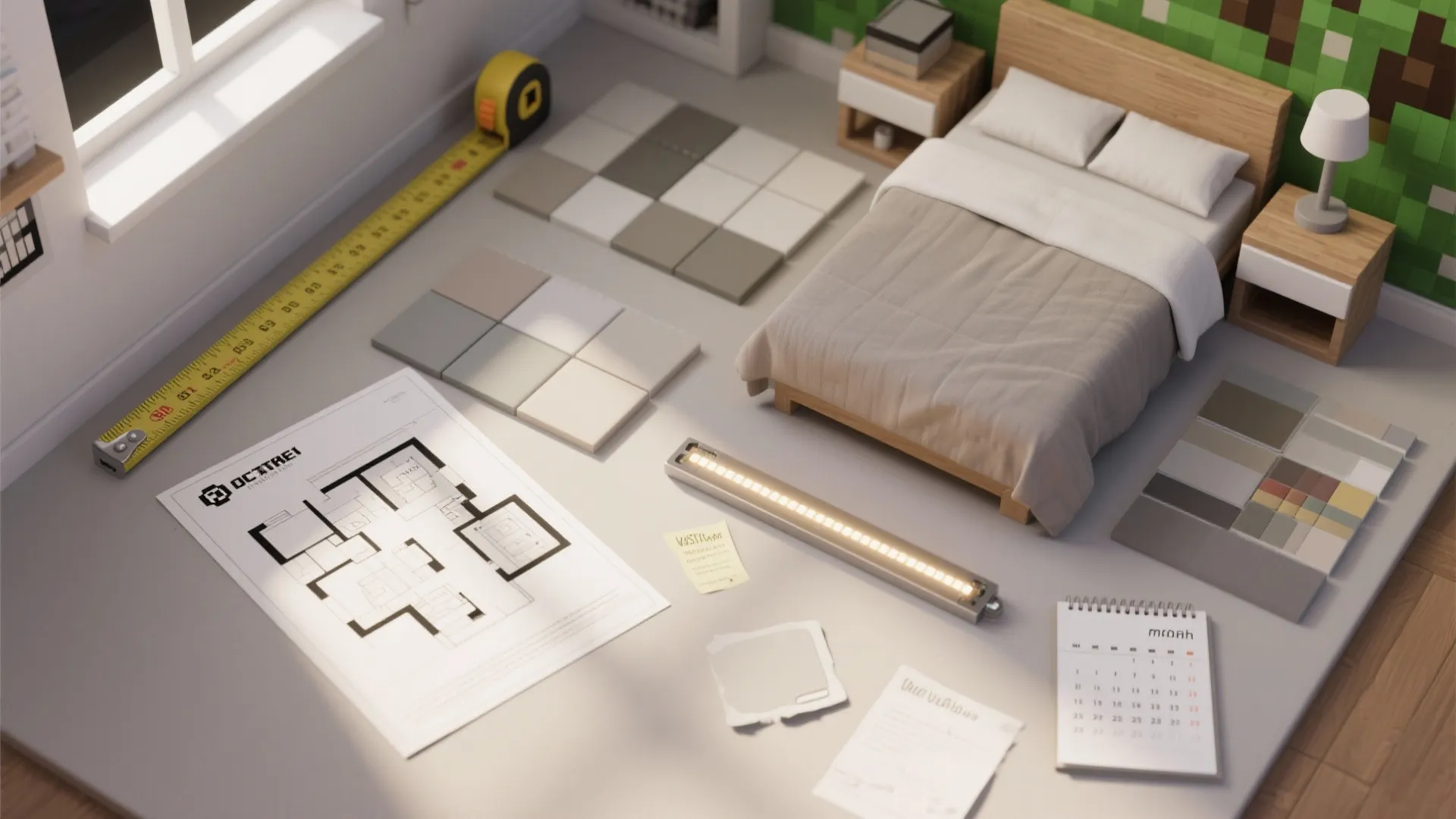 Interior design floor plan with small bed model, measuring tape, color tiles, and light fixture