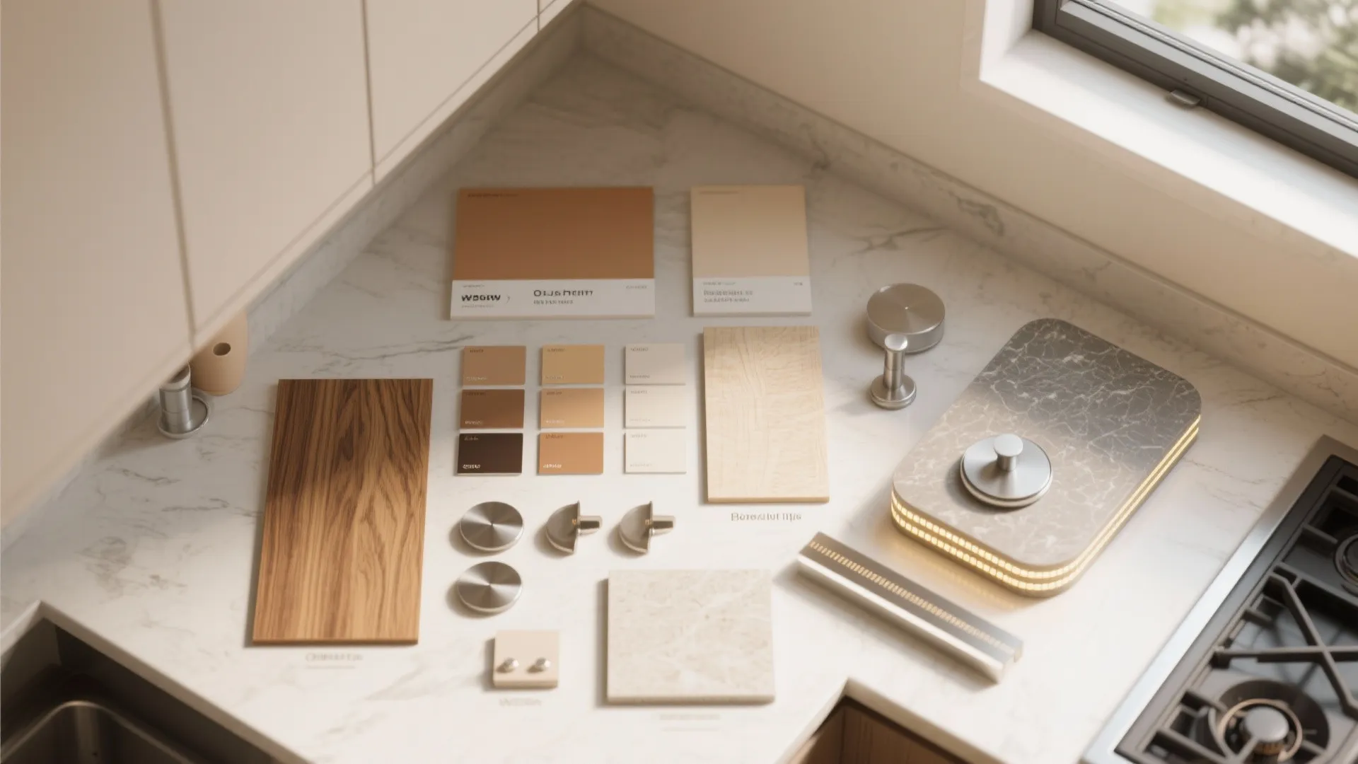 Top-down material flatlay showing paint swatches, wood and metal finish samples for a vaulted kitchen remodel.