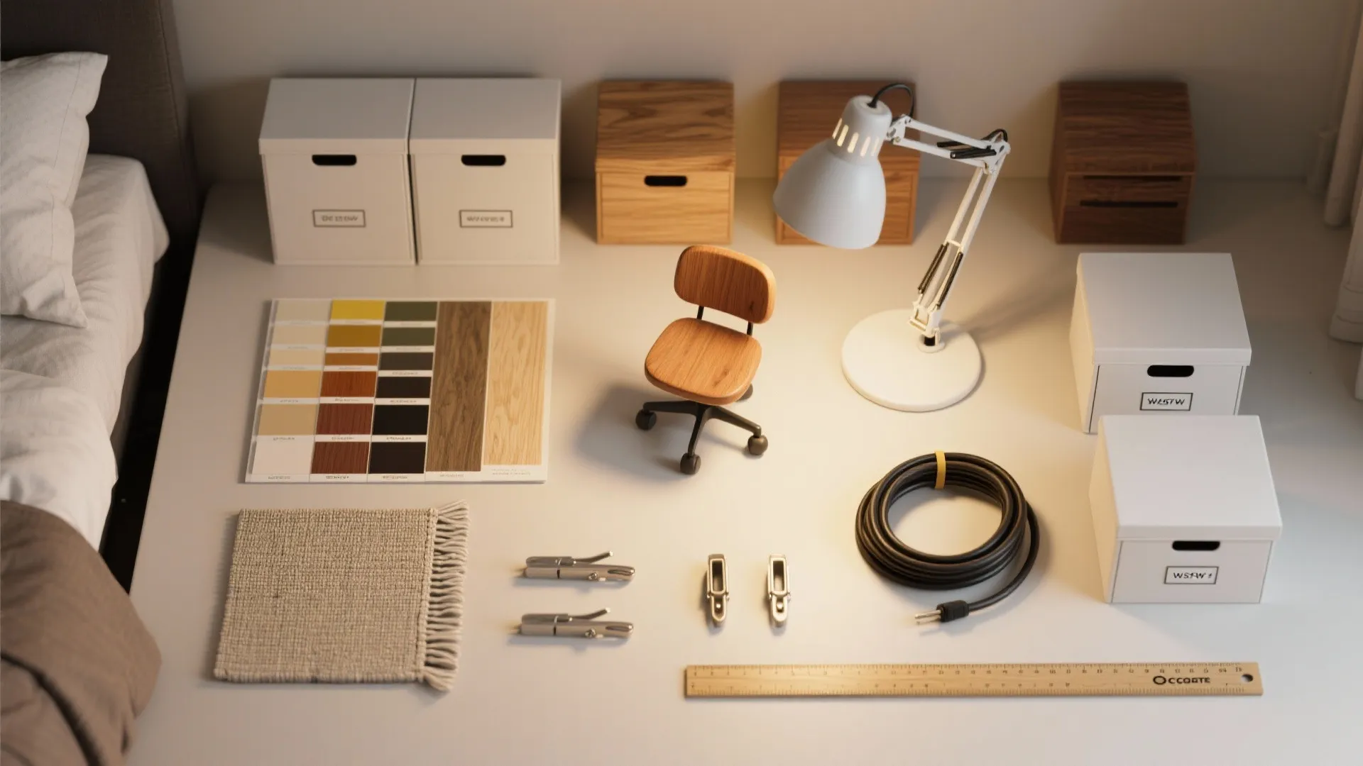 Desk with color samples, wooden boxes, table lamp, small chair, and tools for interior design