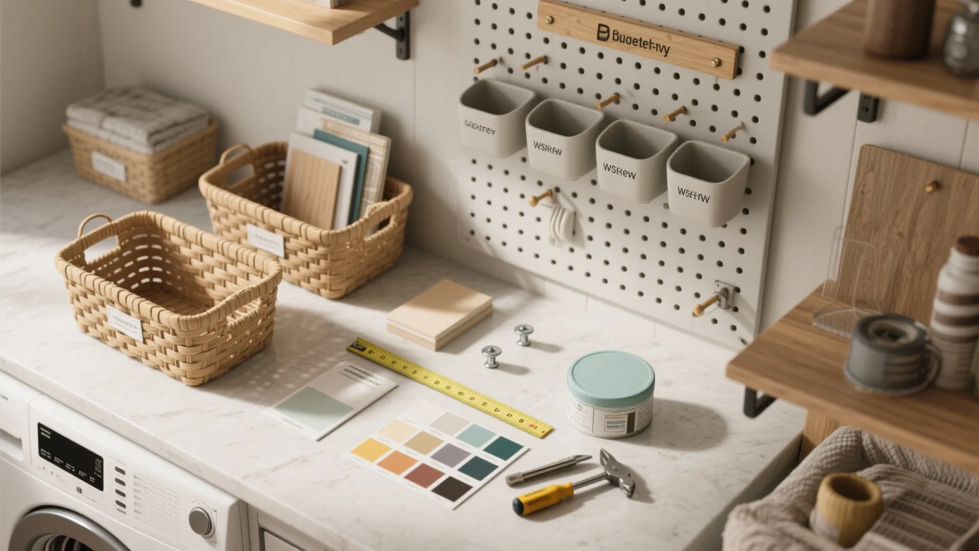 Flatlay of budget-friendly laundry upgrade materials like shelving samples, baskets, and hardware