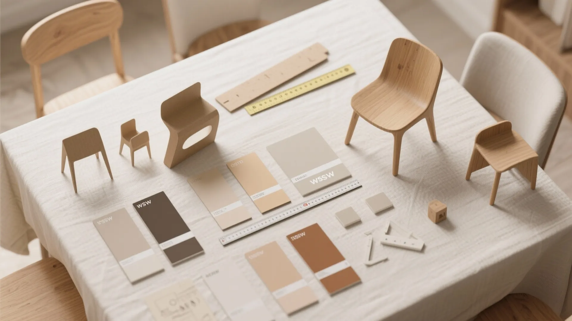 Flatlay of light wood samples, color swatches, armless chair silhouettes and cardboard mockup pieces for small dining tips.