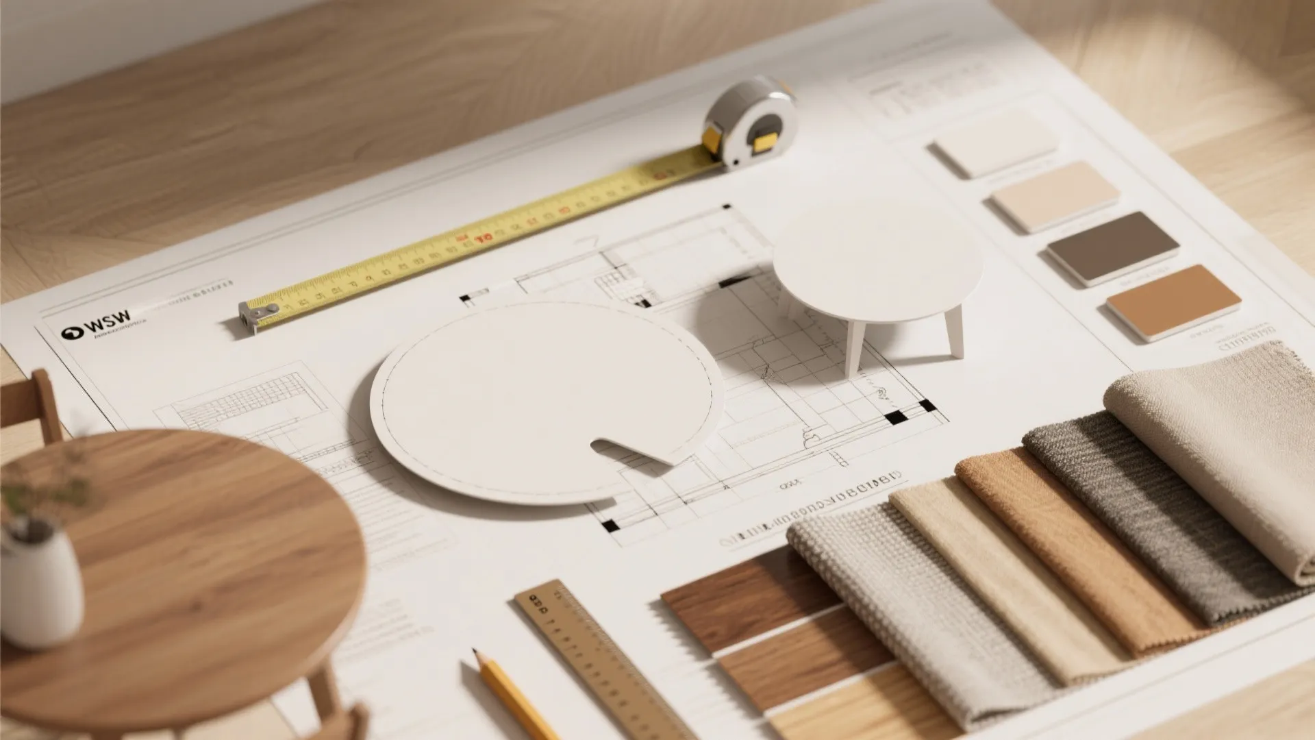 Interior design drawing with tape measure fabric samples wood swatches and small scale furniture models