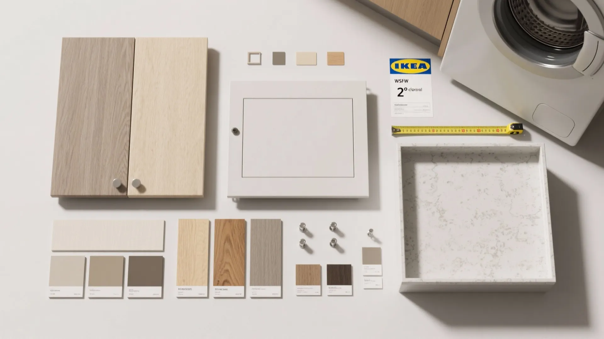 Flatlay of IKEA cabinet fronts, countertop swatches, paint chips, and a tape measure illustrating planning tips.