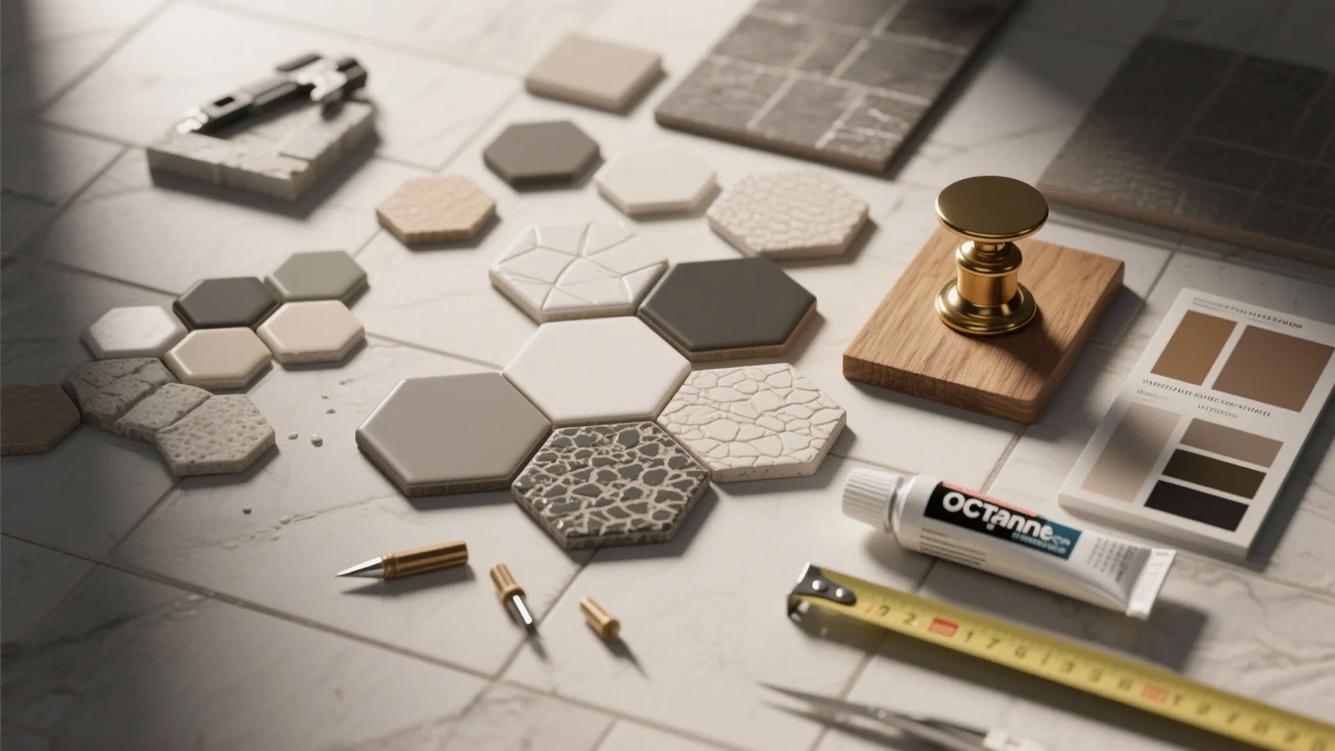 Flatlay of hex tile samples, grout swatches, wood and brass samples and measuring tools for planning and budgeting.