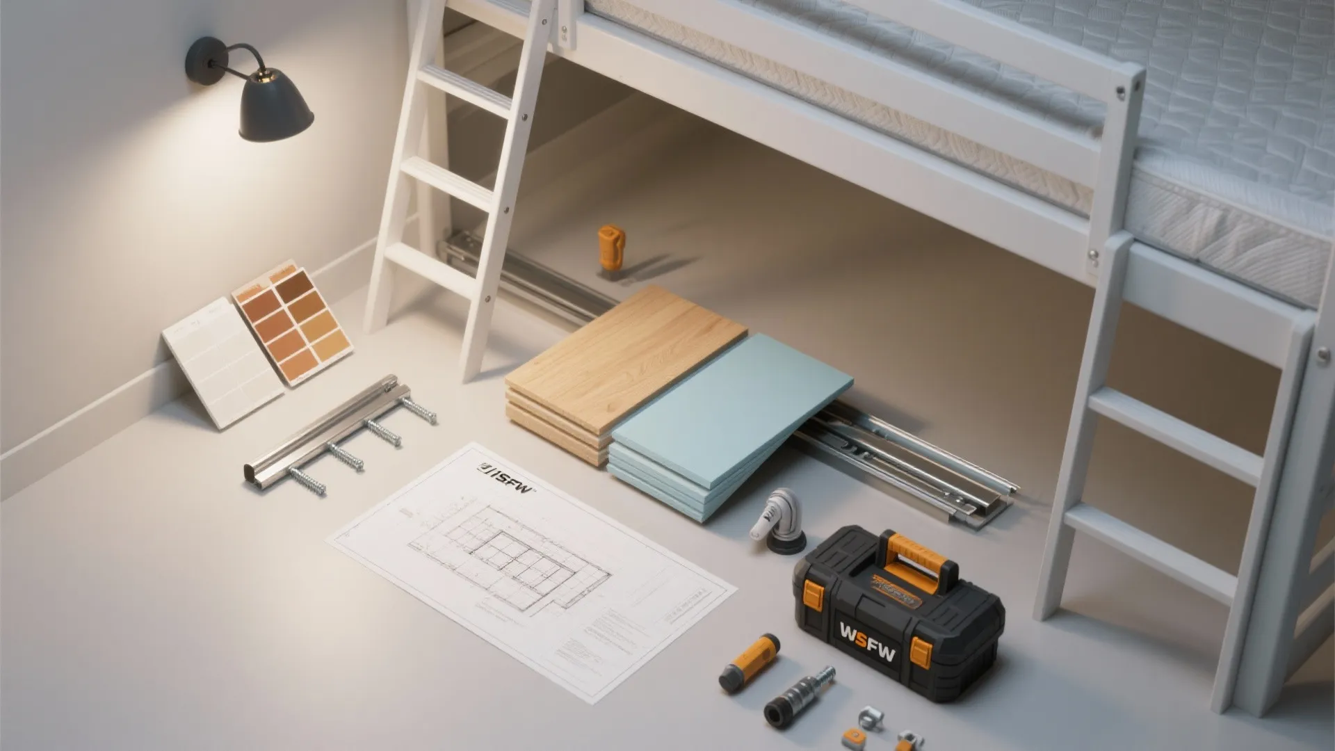 Flat lay of furniture assembly materials including wood panels blue boards tools and a floor plan