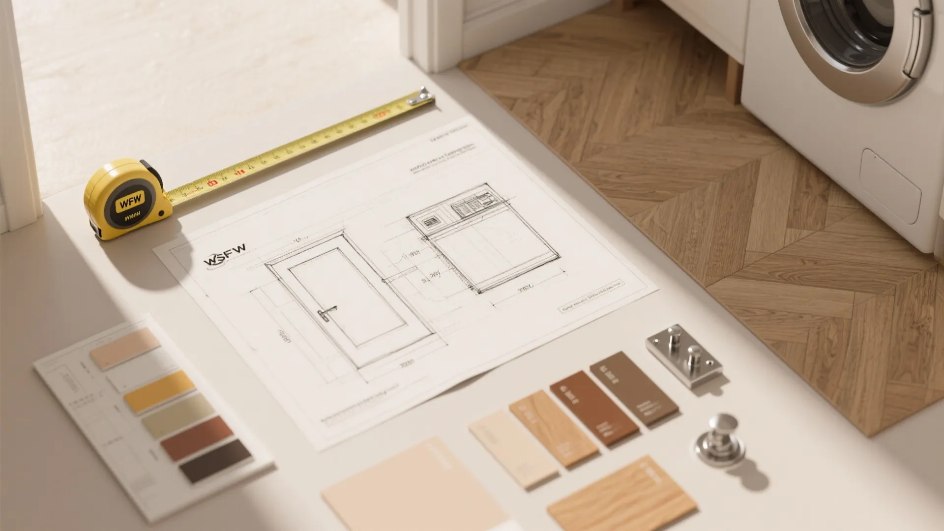 Interior design drawing on floor with measuring tape color samples wood tiles and washing machine
