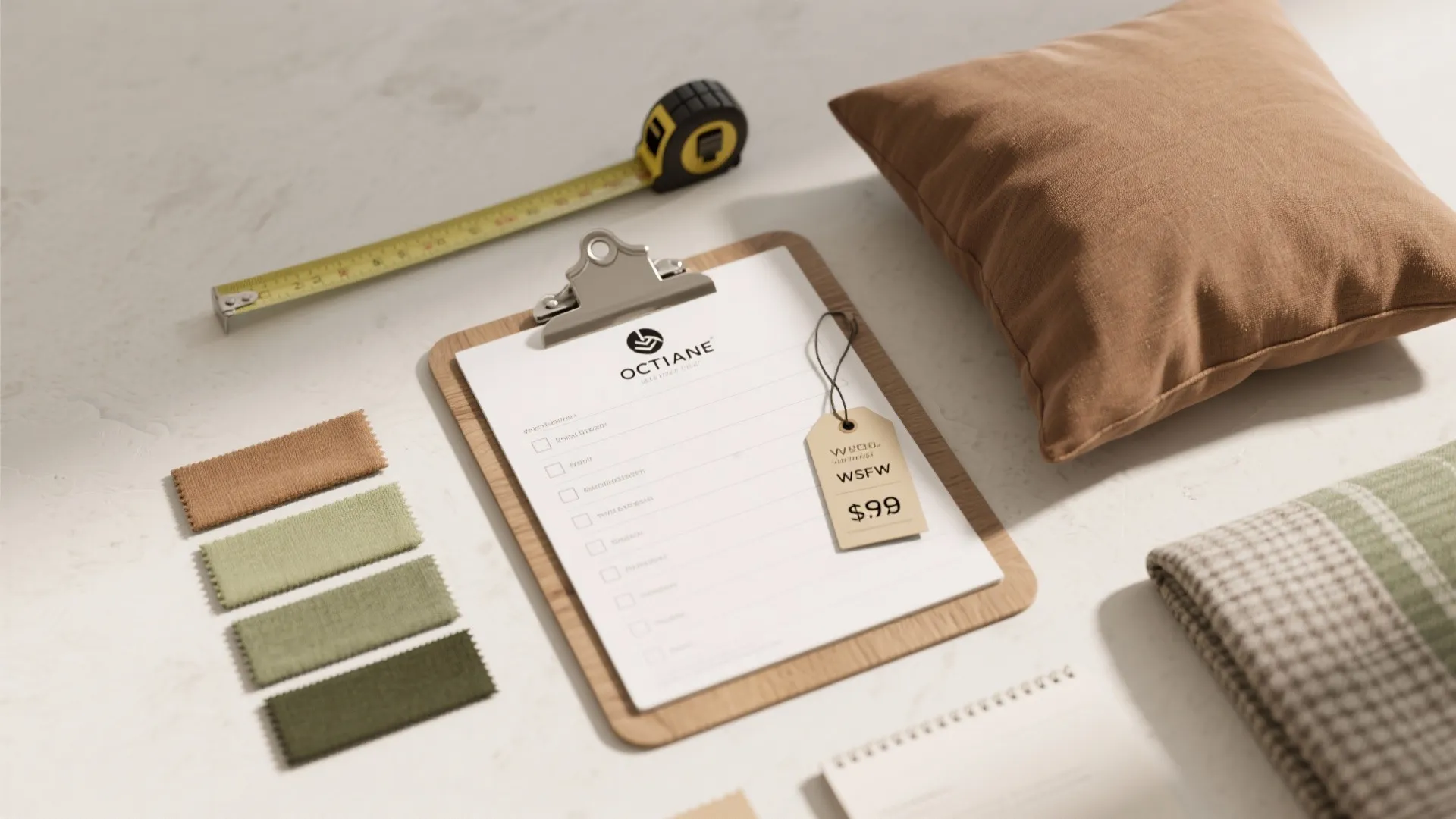 Top view of clipboard with price tag green fabric samples brown pillow and measuring tape