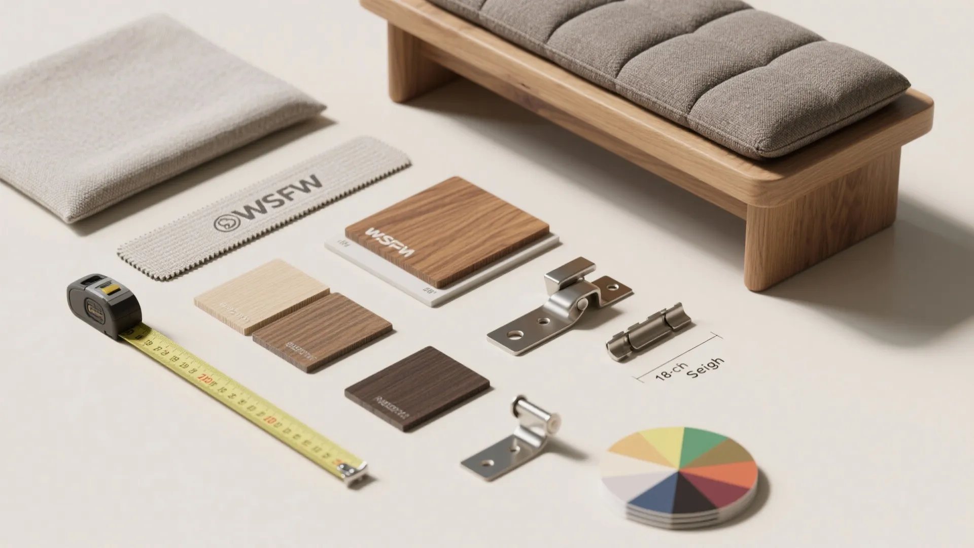 Interior design materials including wood samples, fabric swatches, color wheel, measuring tape, and small bench
