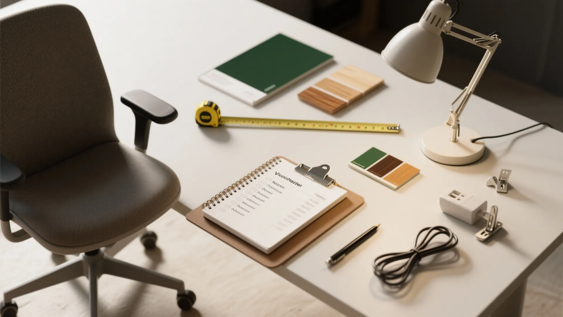 Interior design workspace featuring a white desk with color samples, tape measure, and desk lamp
