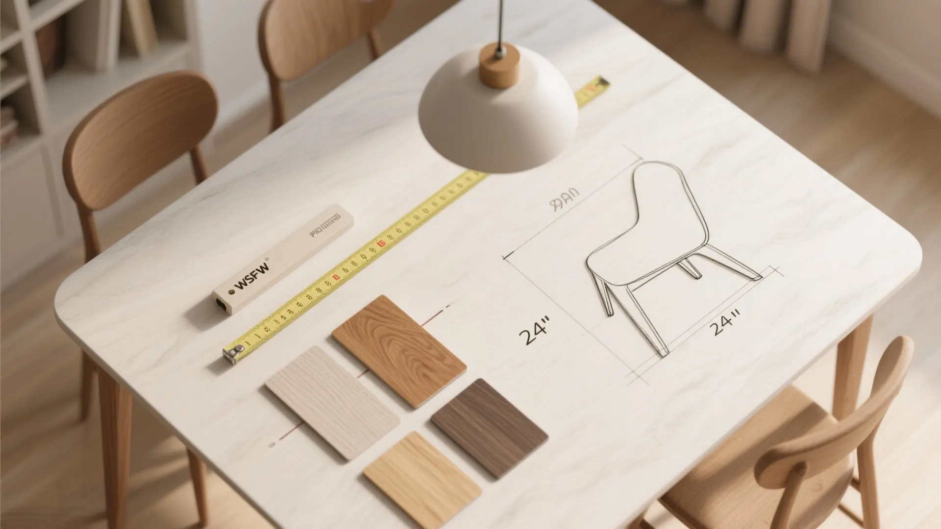 Modern white table with wood samples measuring tape ceiling light and a chair design drawing
