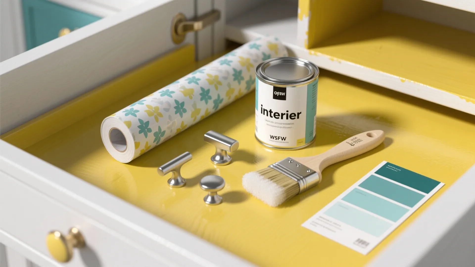 Yellow cabinet drawer containing paint can brush handles floral wallpaper roll and green color swatches tools