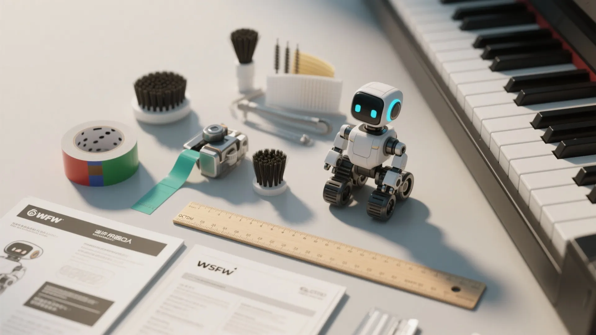 Flat lay showing small robot wooden ruler cleaning brushes and instruction papers on white office desk