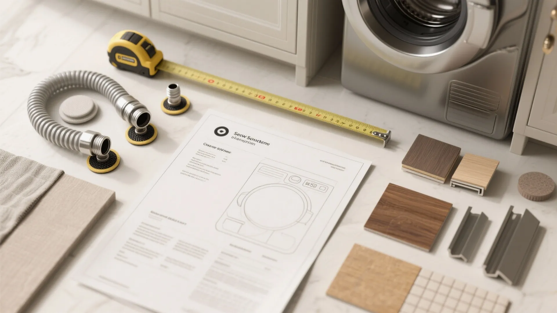 Flatlay of measuring tools, hose connectors, anti-vibration pads and material swatches for planning a compact laundry fit.