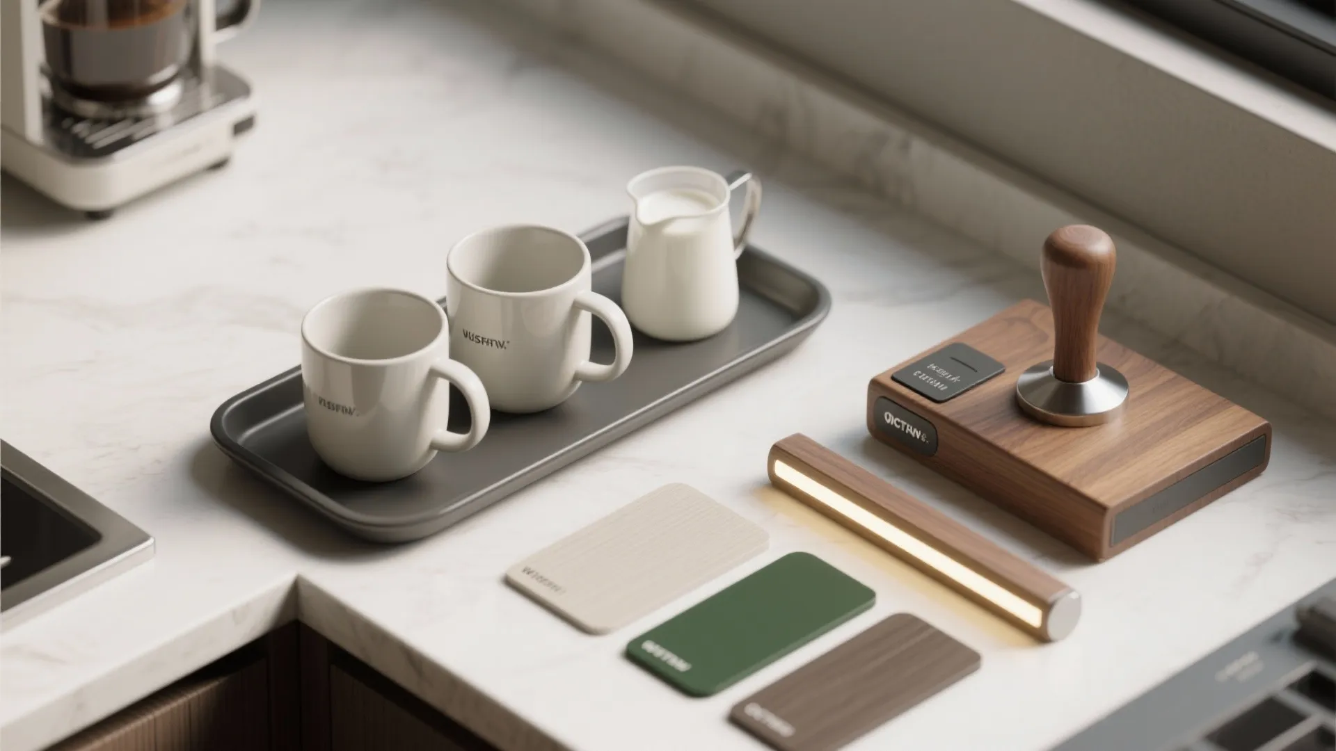 Close up view of white coffee mugs small milk pitcher and material color samples on countertop
