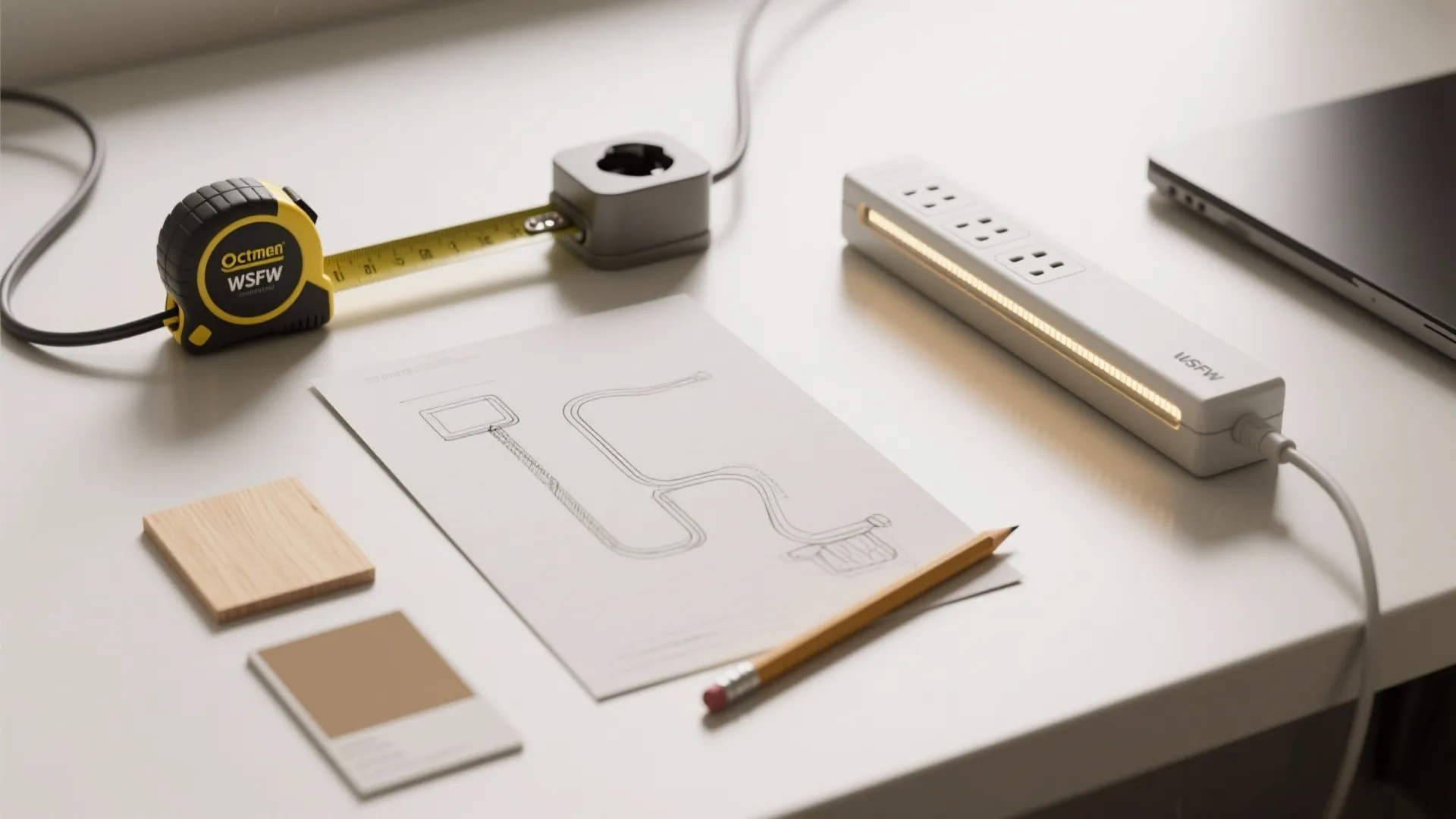 Flatlay of measuring tape, cable grommet, power strip, LED sample, and sketch showing cable run planning for a small desk.
