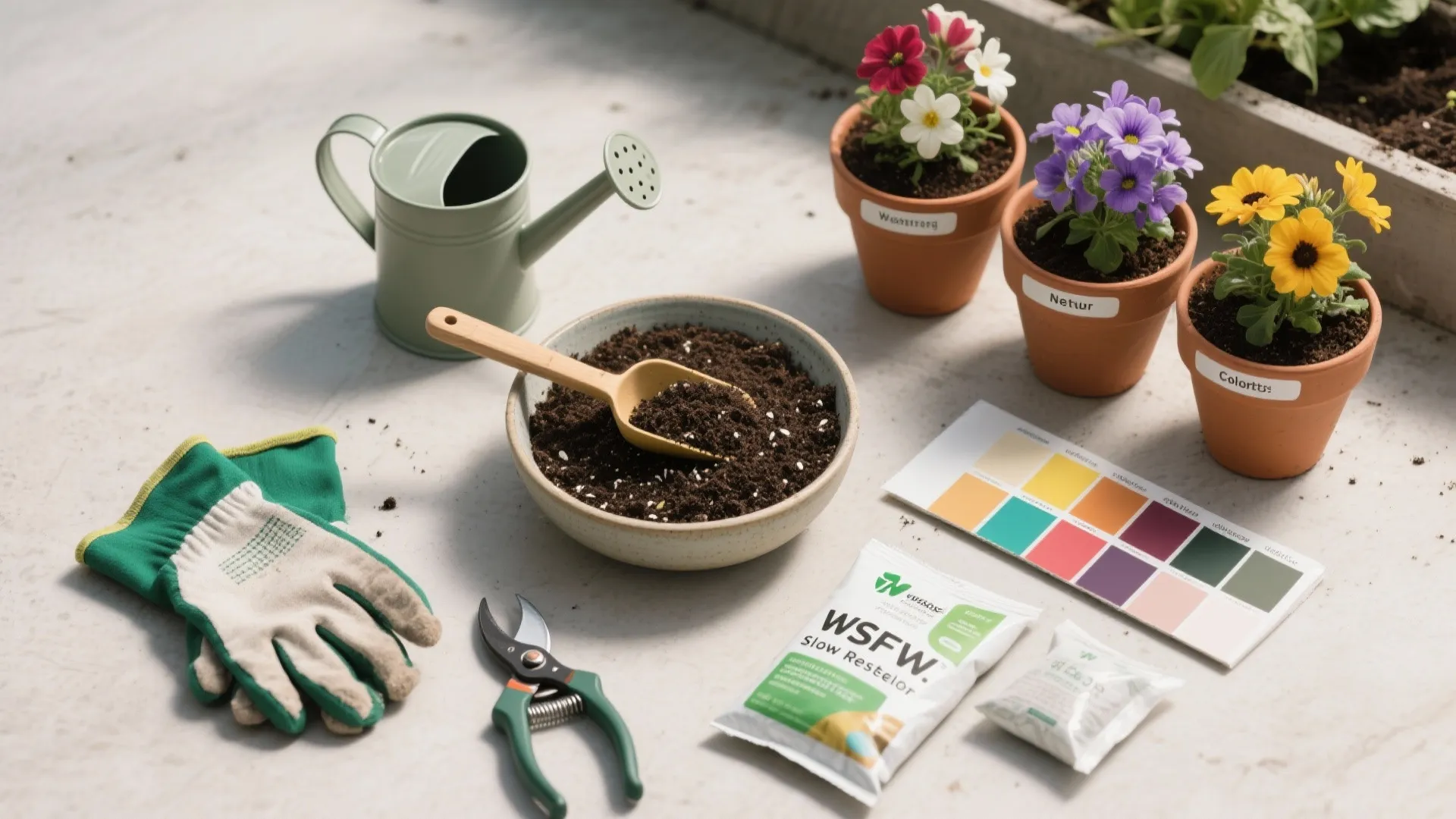 Gardening tools with flower pots and soil on a table for a home planting project
