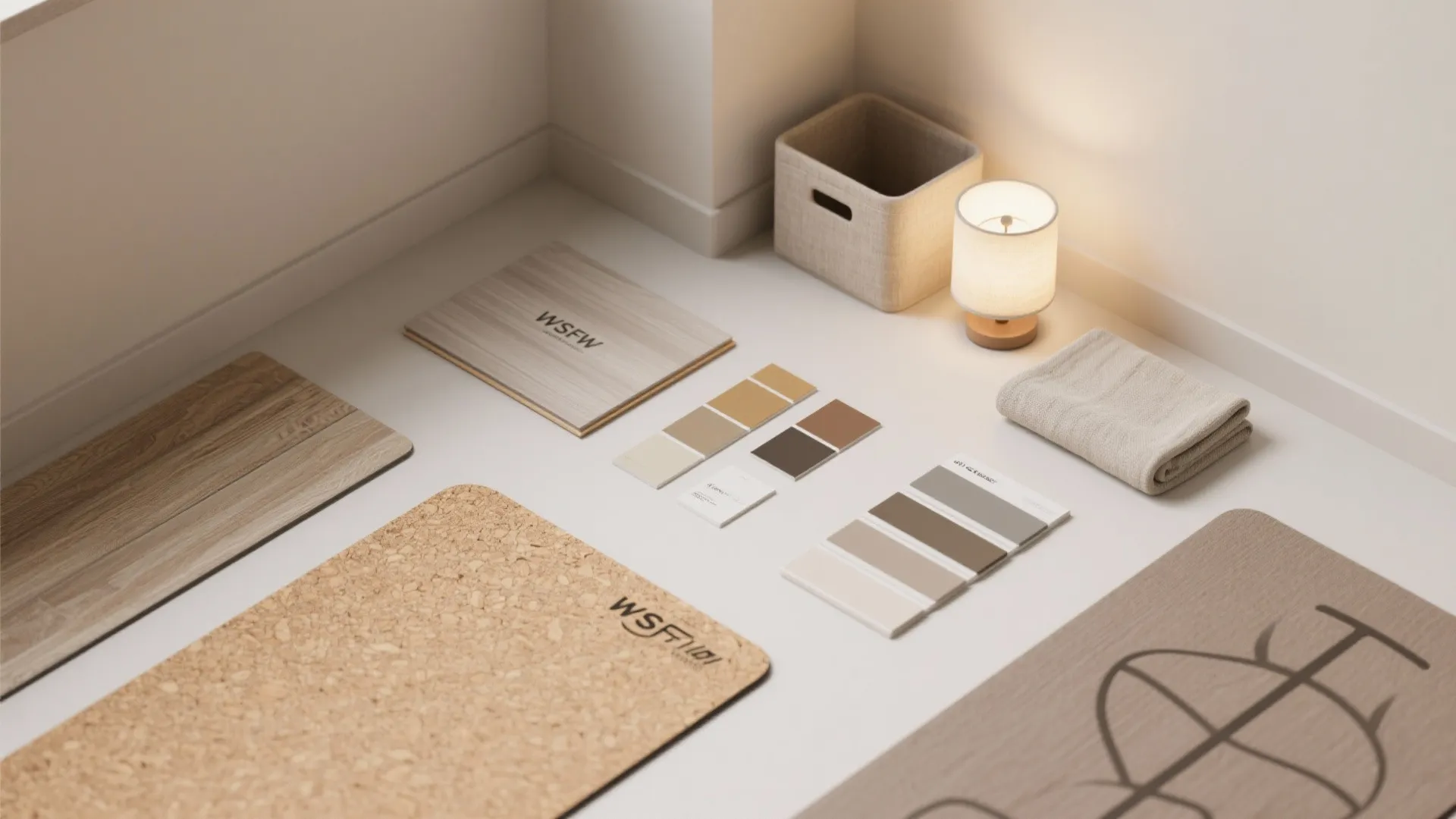 Flat lay of interior design materials featuring wood samples color swatches cork and small lamp