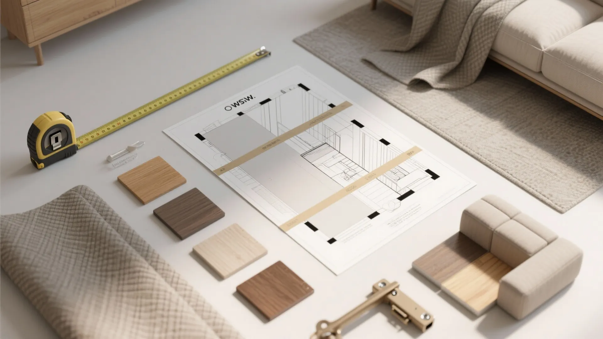 Floor plan drawing with measuring tape wood samples and sofa placed on a white surface
