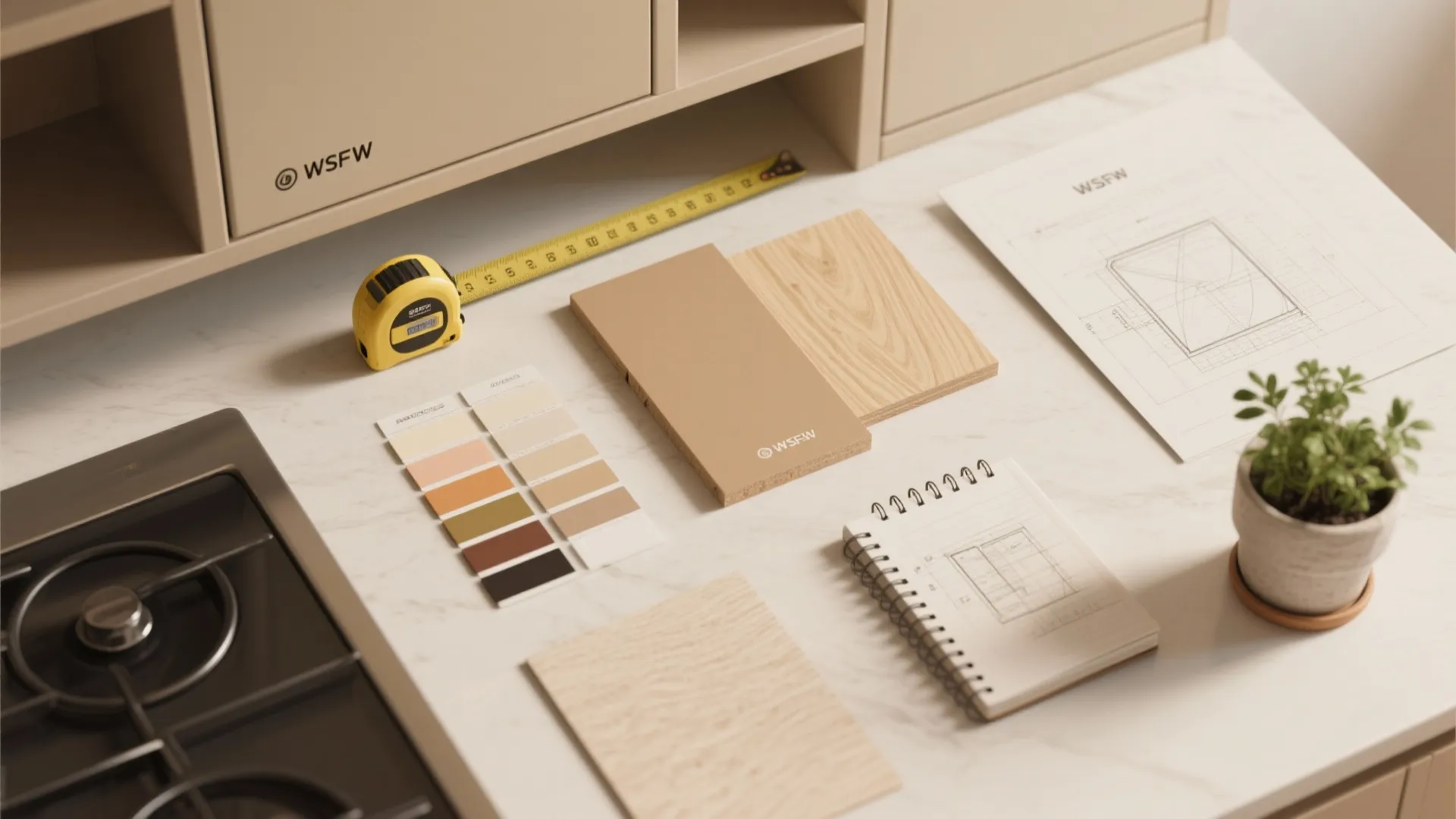 Kitchen counter with measuring tape color swatches wood samples notebook floor plan and small green plant