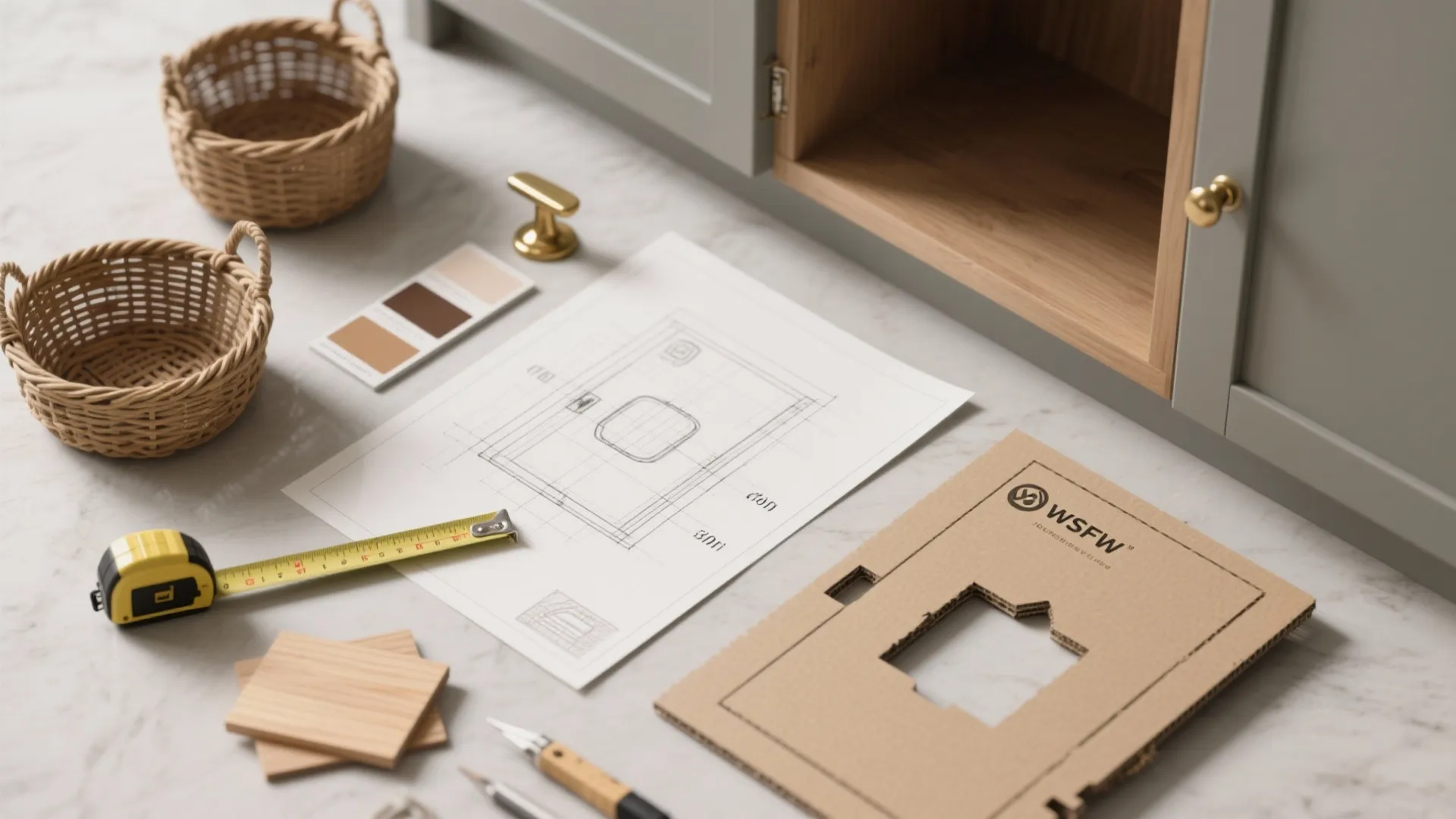 Interior design drawing with measuring tape color samples and small baskets on a white marble