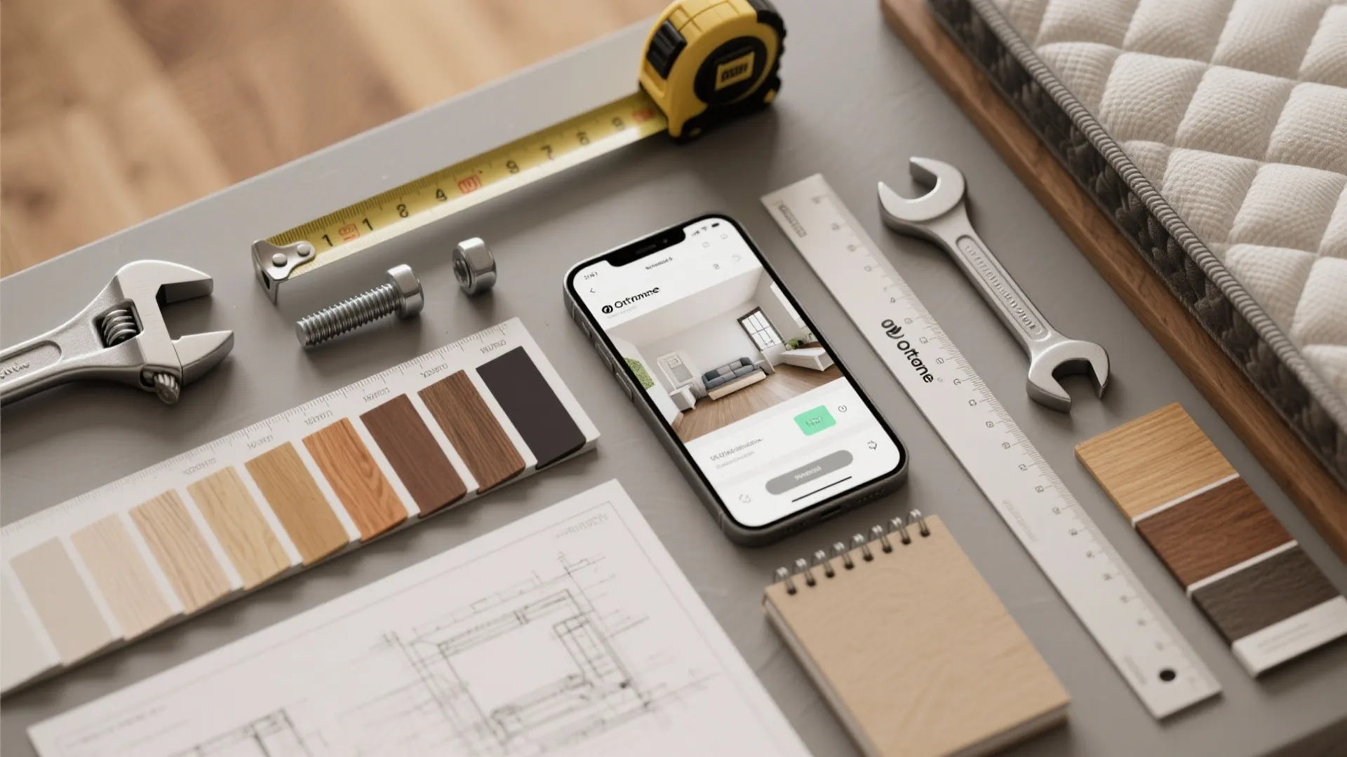 Interior design tools including measuring tape wood samples notebook and smartphone showing room design application