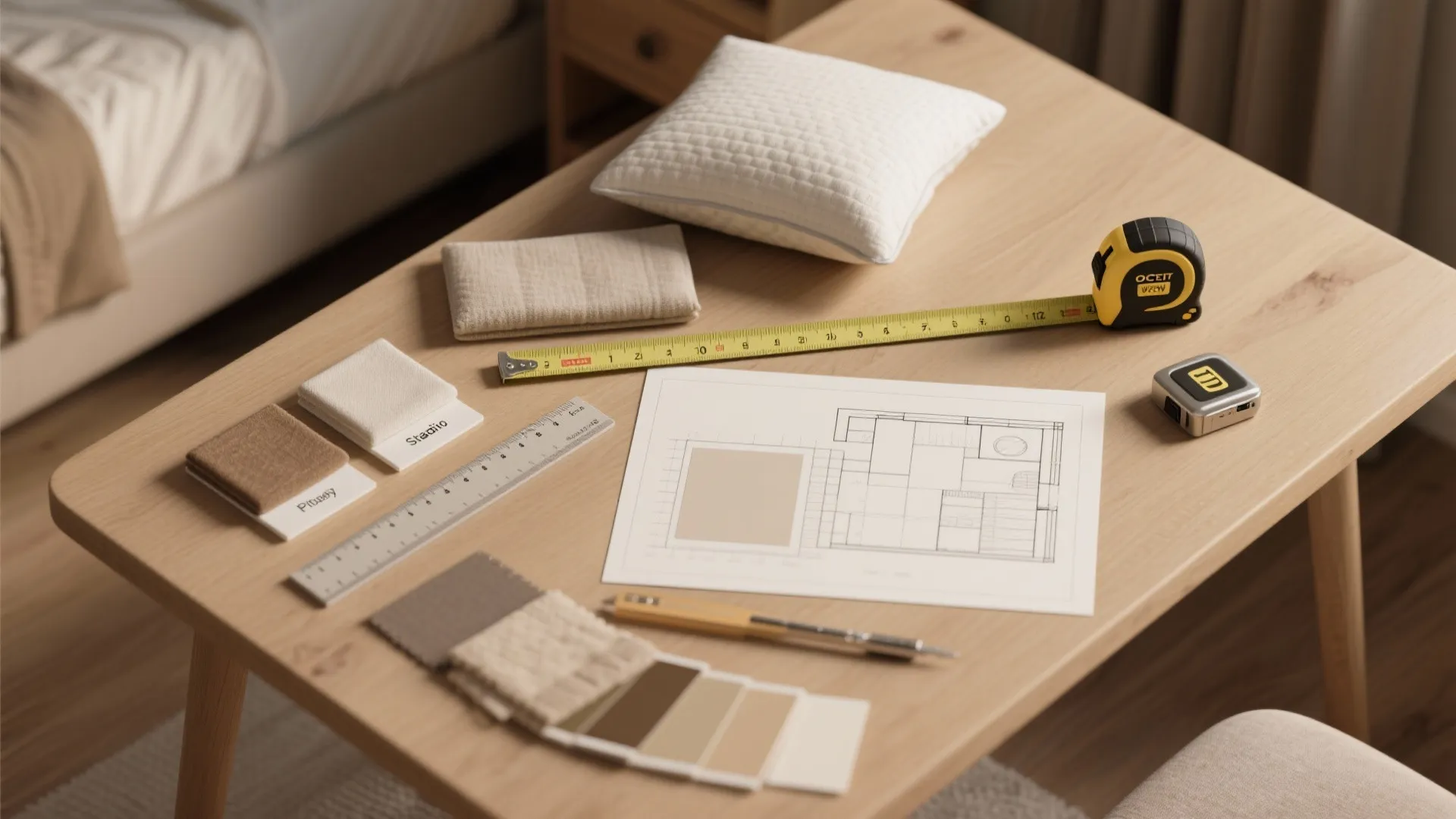 Interior design floor plan on wooden table with measuring tape fabric samples and small pillow