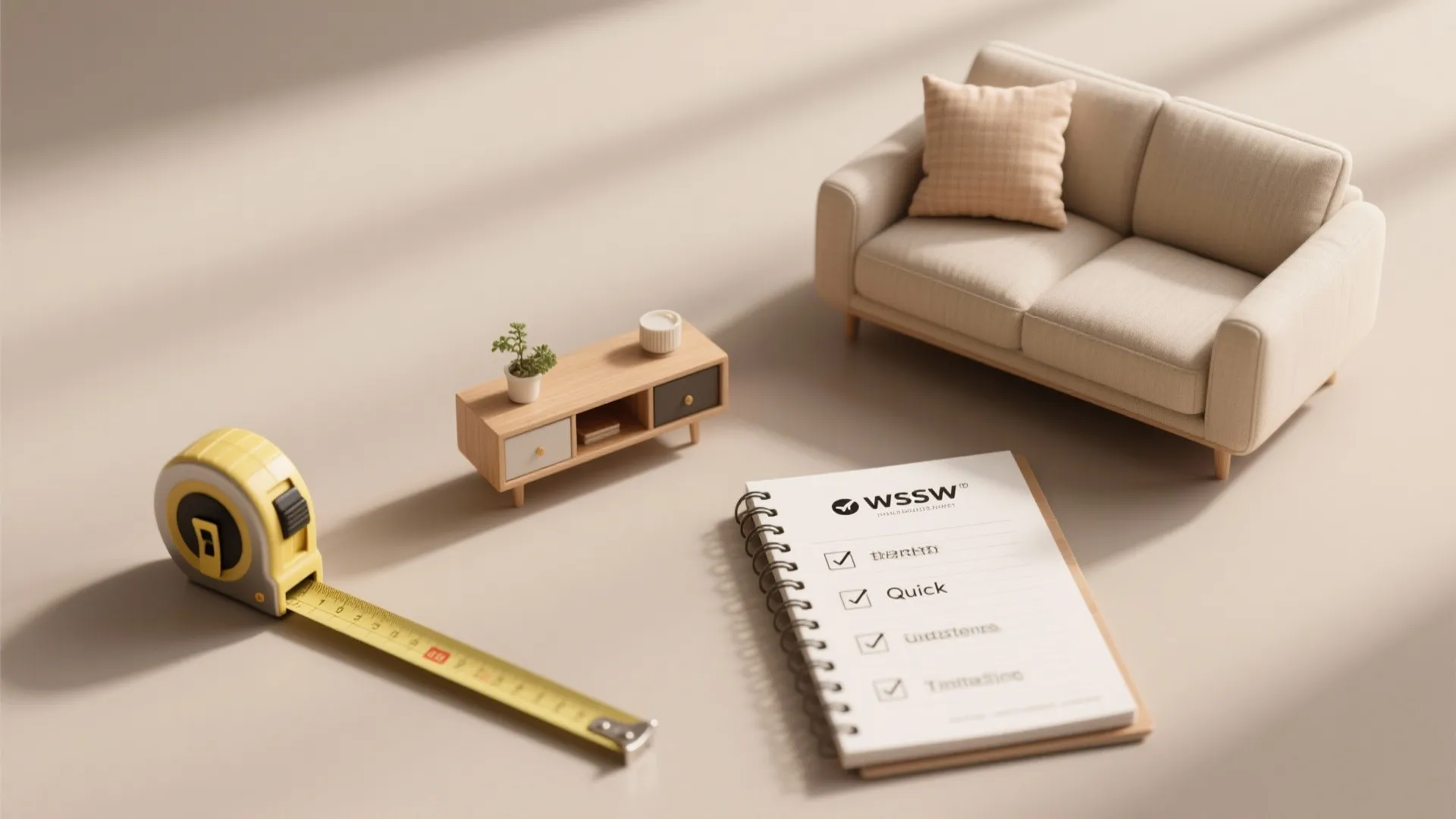 Flatlay of measuring tape, sofa mockup, cushion and checklist illustrating small-space planning tips.