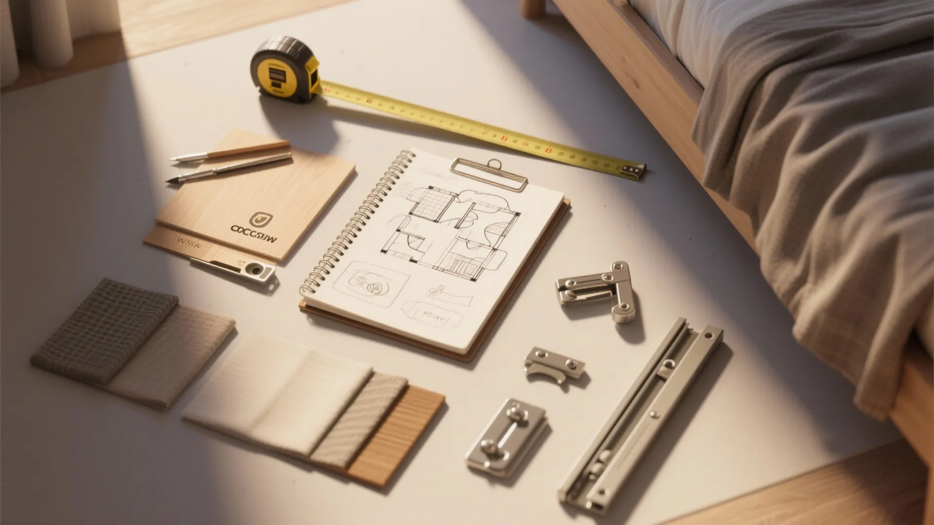 Top-down flatlay of measuring tape, floorplan sketches, hinge samples and fabric swatches for small bedroom planning.