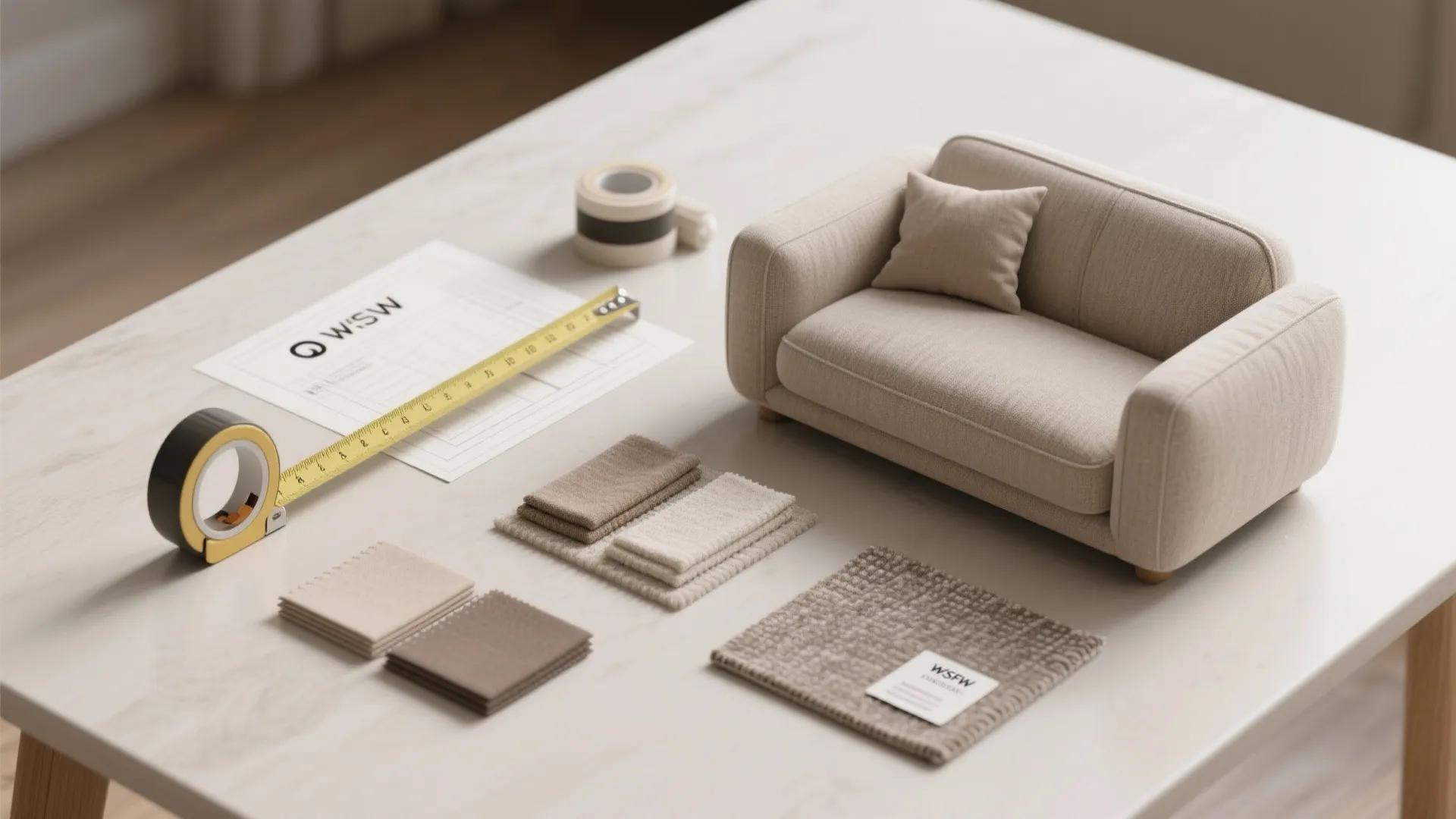 Miniature sofa model with fabric samples and yellow measuring tape on a white table surface
