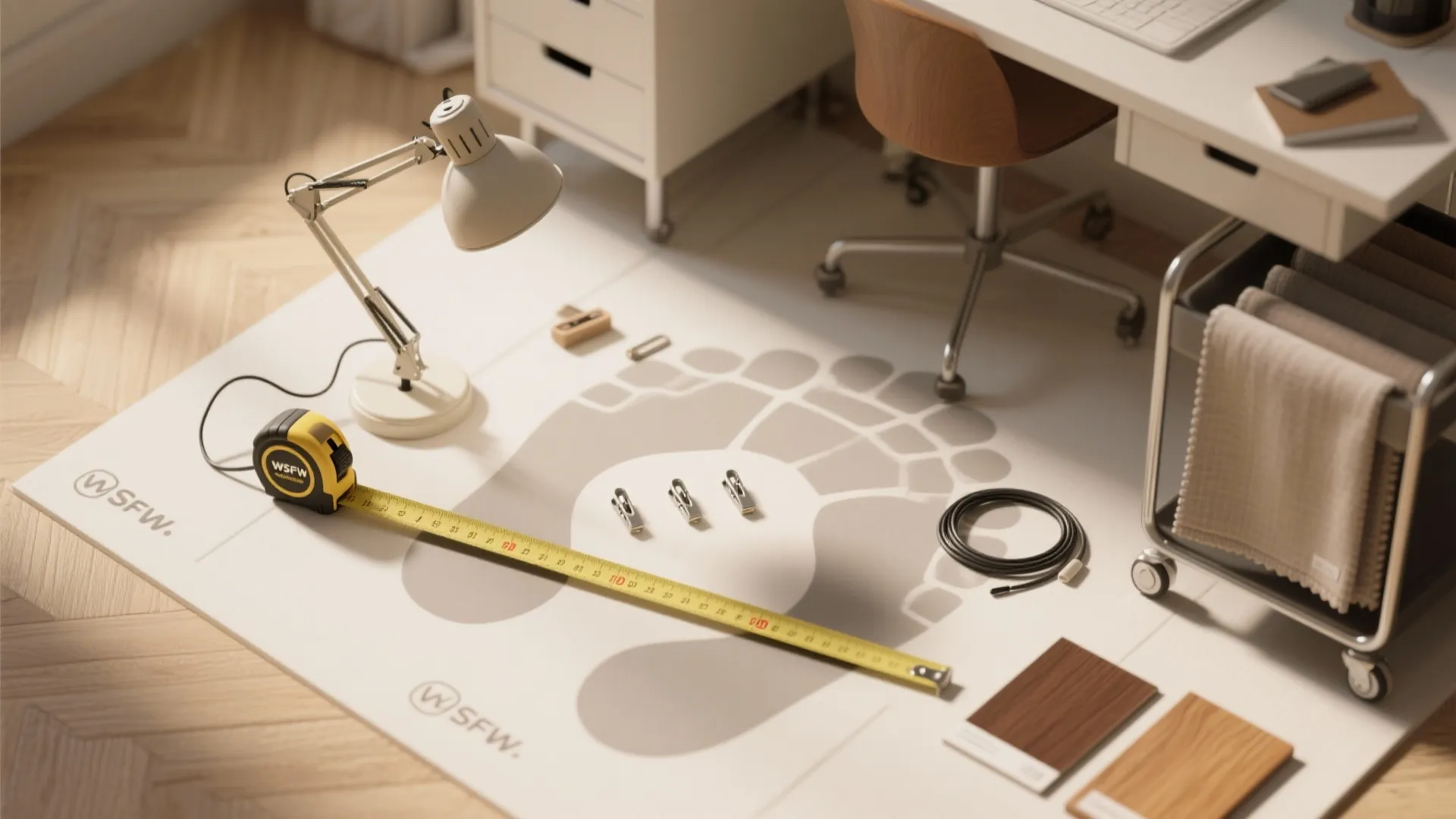 Work space floor with yellow tape measure desk lamp white table chair and wood samples
